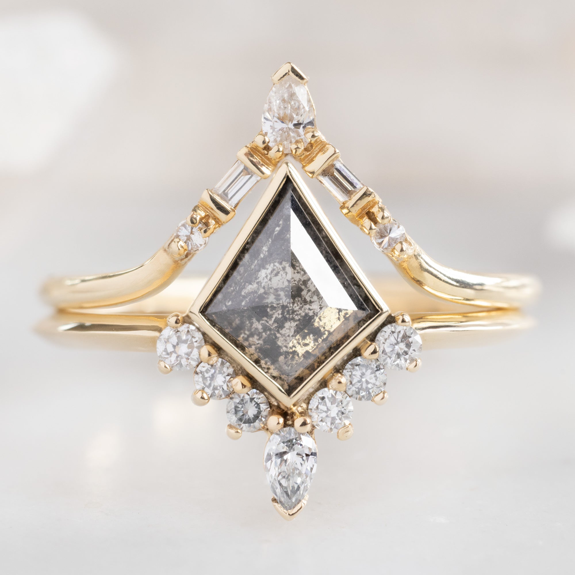 The Aster Ring with a Salt and Pepper Kite Diamond in 14K Yellow Gold Stacked with the White Diamond Tiara Stacking Band
