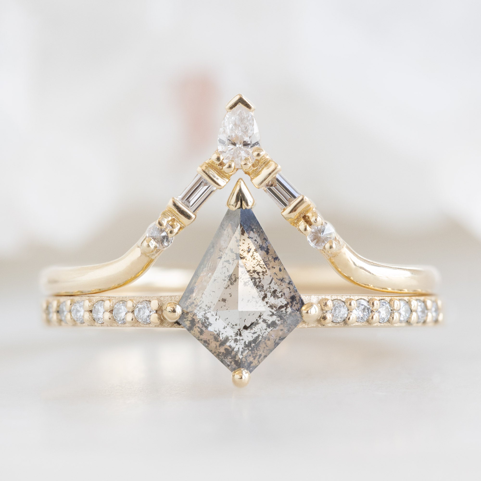 The Willow Ring with a Kite Shaped Salt and Pepper Diamond in 14K Yellow Gold Stacked with the White Diamond Tiara Stacking Band