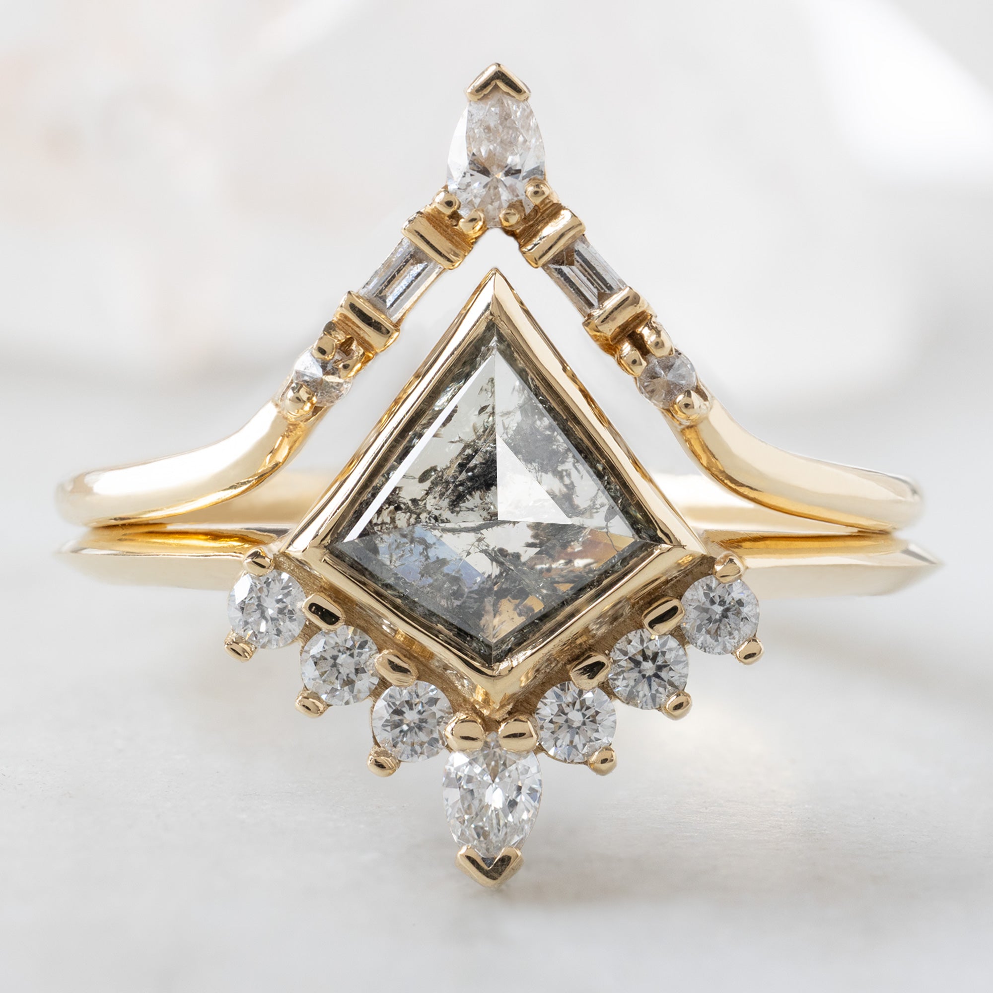 The Aster Ring with a 0.82ct Kite Salt and Pepper Diamond in 14K Yellow Gold Stacked with the White Diamond Tiara Stacking Band