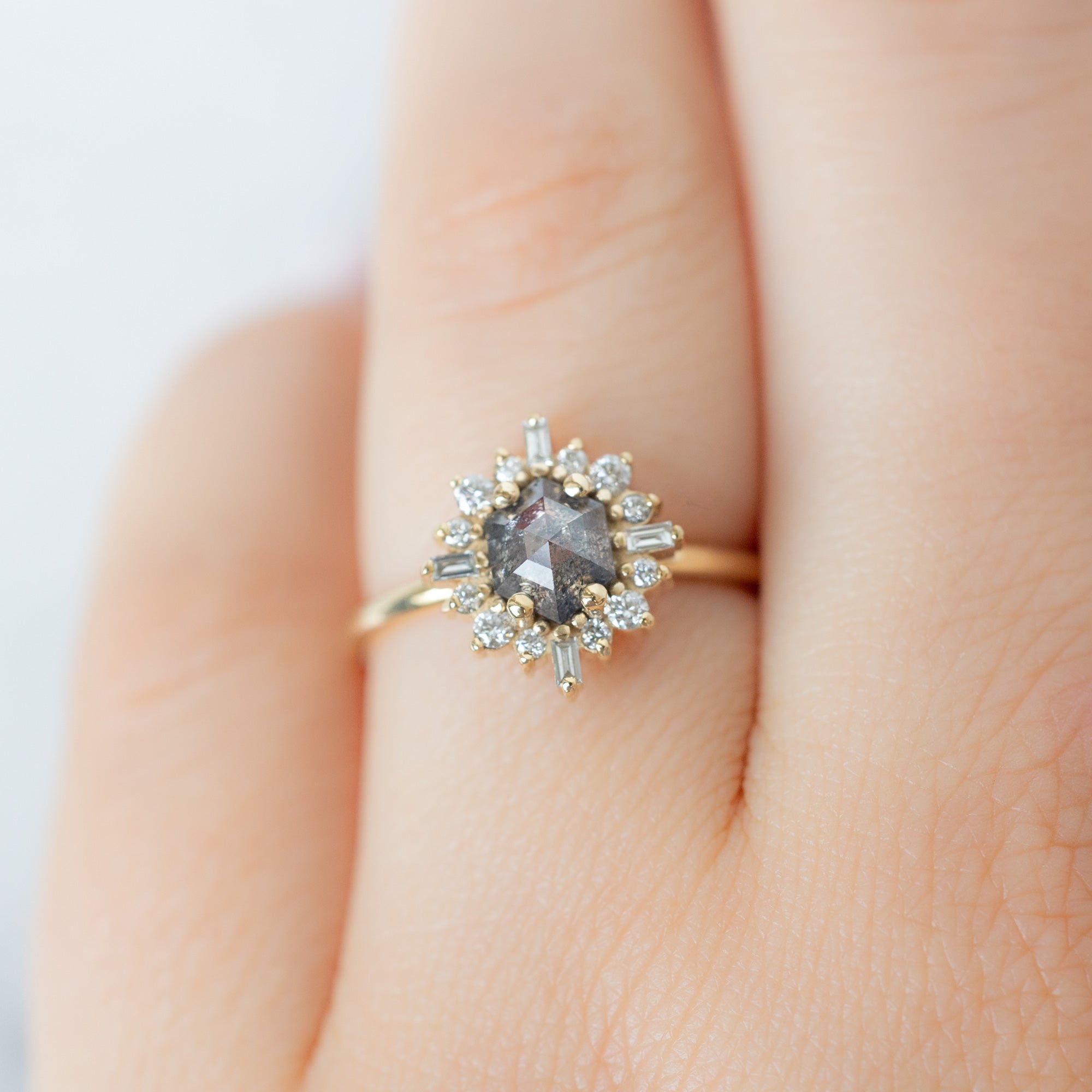 The Compass Ring with a 0.86ct Hexagon Salt and Pepper Diamond in 14K Yellow Gold on Model
