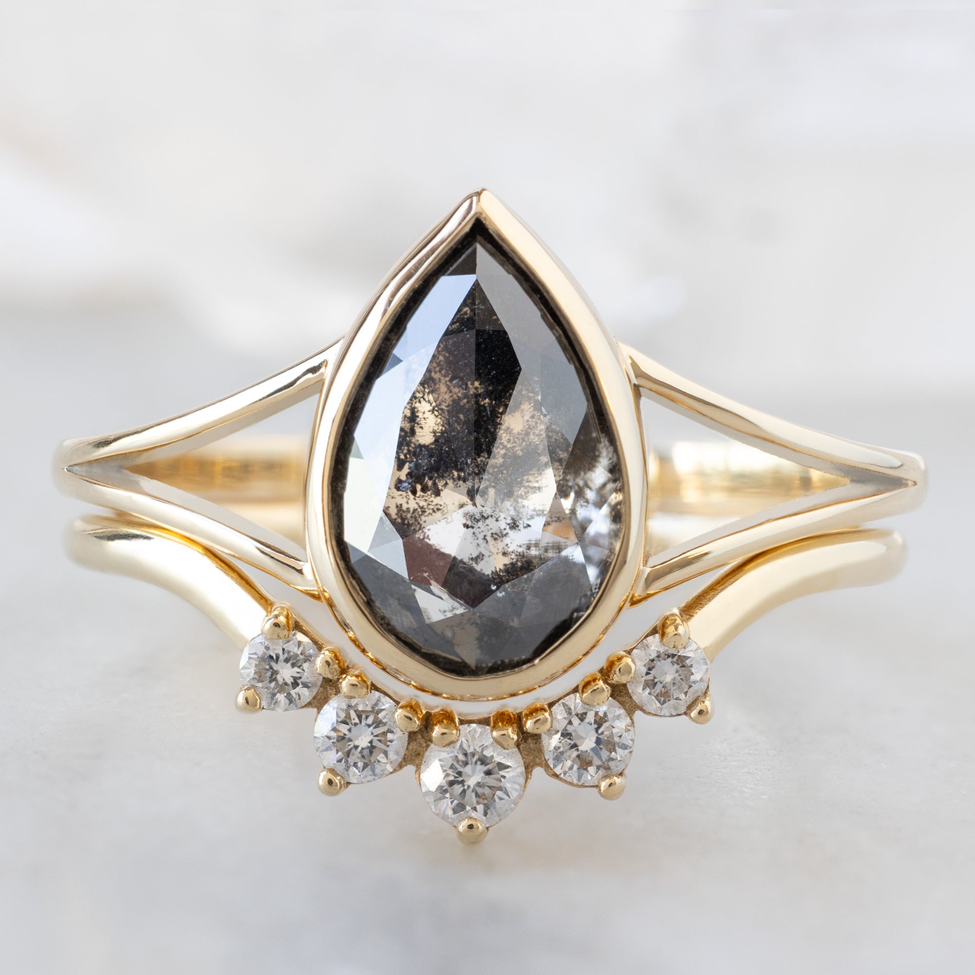buy:the-magnolia-ring-1-44ct-lab-grown-salt-and-pepper-pear-diamond-in-14k-yellow-gold,round-white-diamond-sunburst-stacking-band-14k-or-18k-yellow-gold