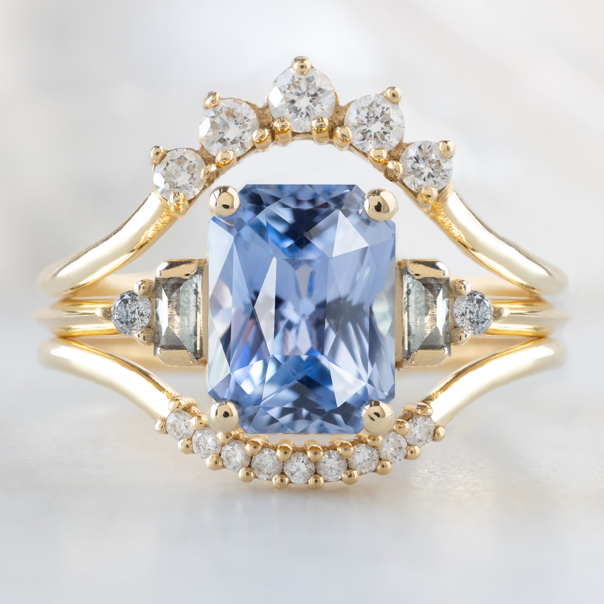 buy:round-white-diamond-sunburst-stacking-band-14k-or-18k-yellow-gold,the-primrose-ring-2-36ct-emerald-cut-sapphire-in-14k-yellow-gold,white-diamond-pave-arc-stacking-band-14k-or-18k-yellow-gold