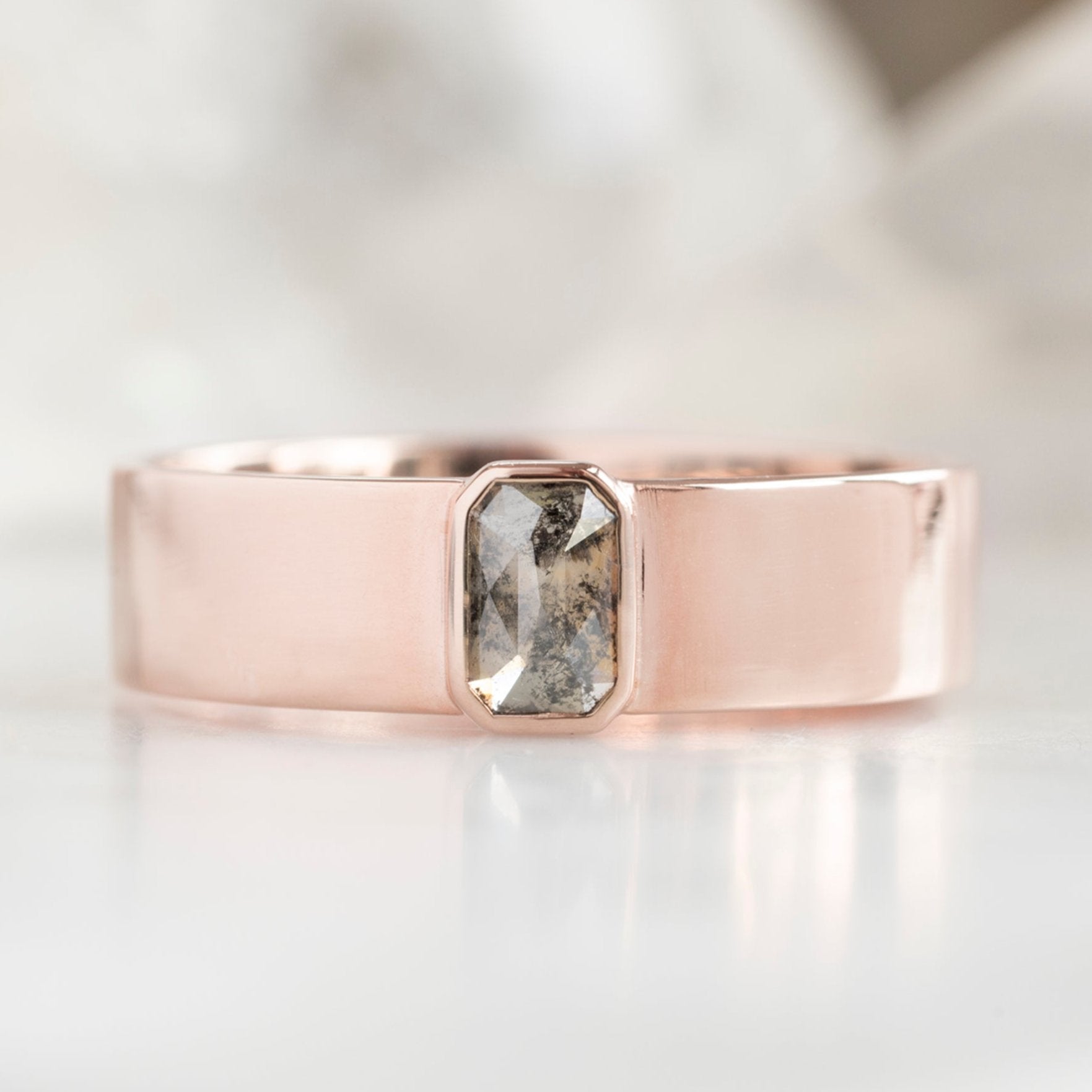 The Cigar Band with an Emerald-Cut Salt and Pepper Diamond | Yellow, Rose or White Gold