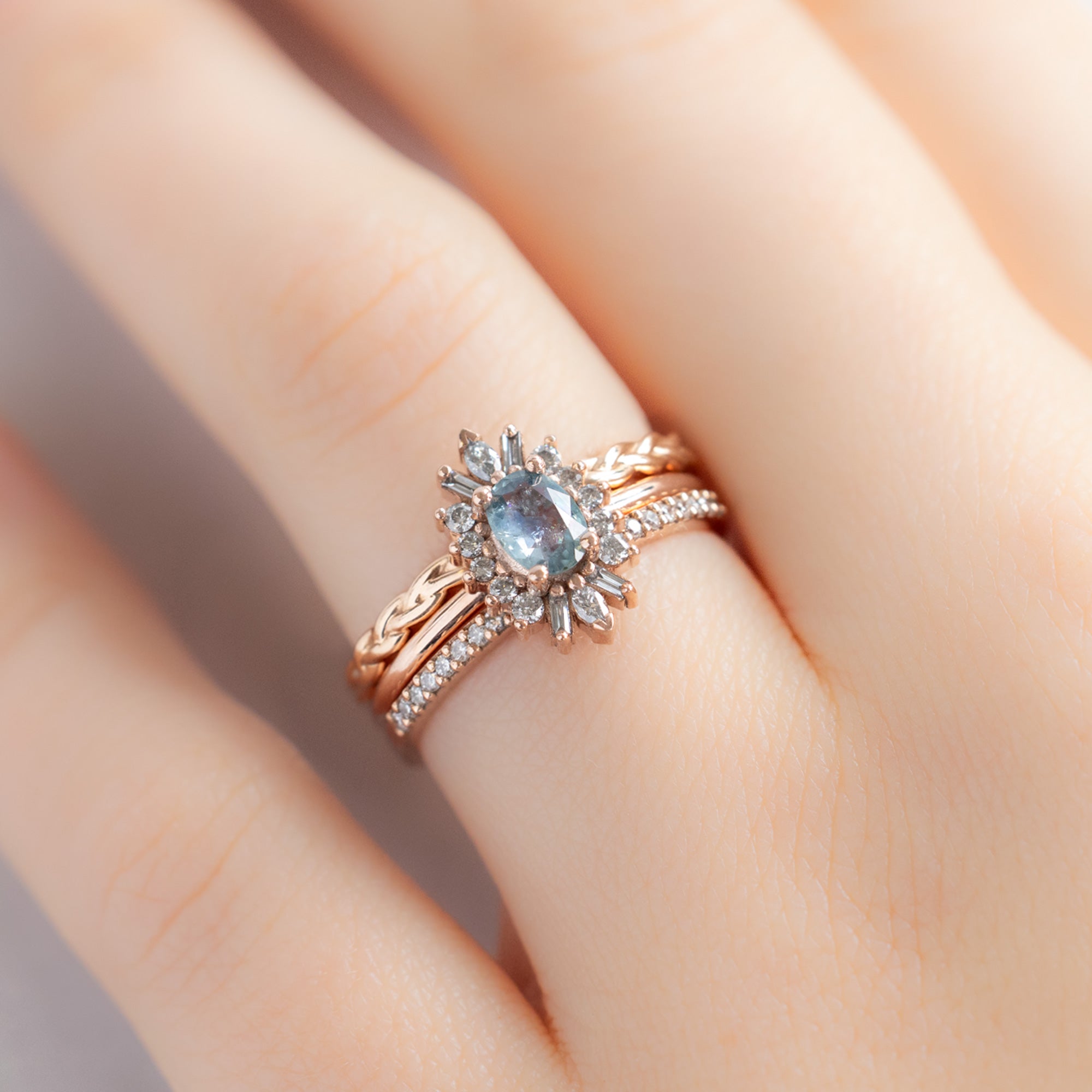 buy:the-gold-braided-stacking-ring-14k-rose-gold,the-camellia-ring-0-63ct-oval-montana-sapphire-in-14k-rose-gold,open-cuff-white-diamond-pave-stacking-band-14k-or-18k-yellow-gold