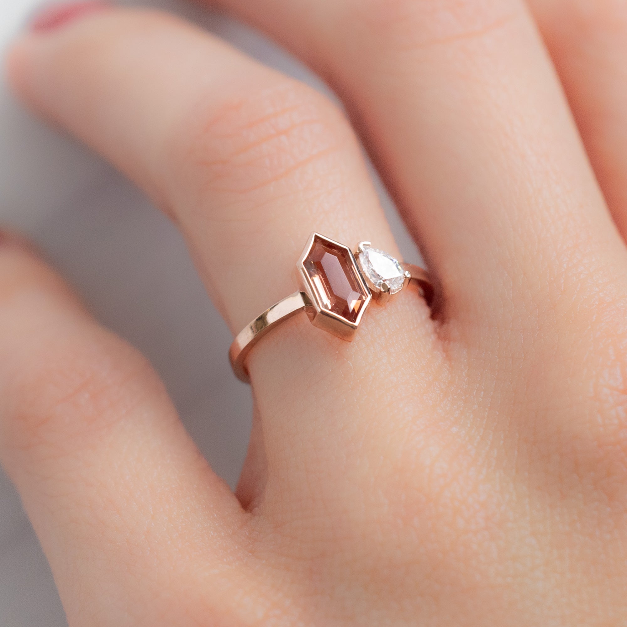 The You and Me Ring with a 0.60ct Hexagon Sunstone in 14K Rose Gold on Model