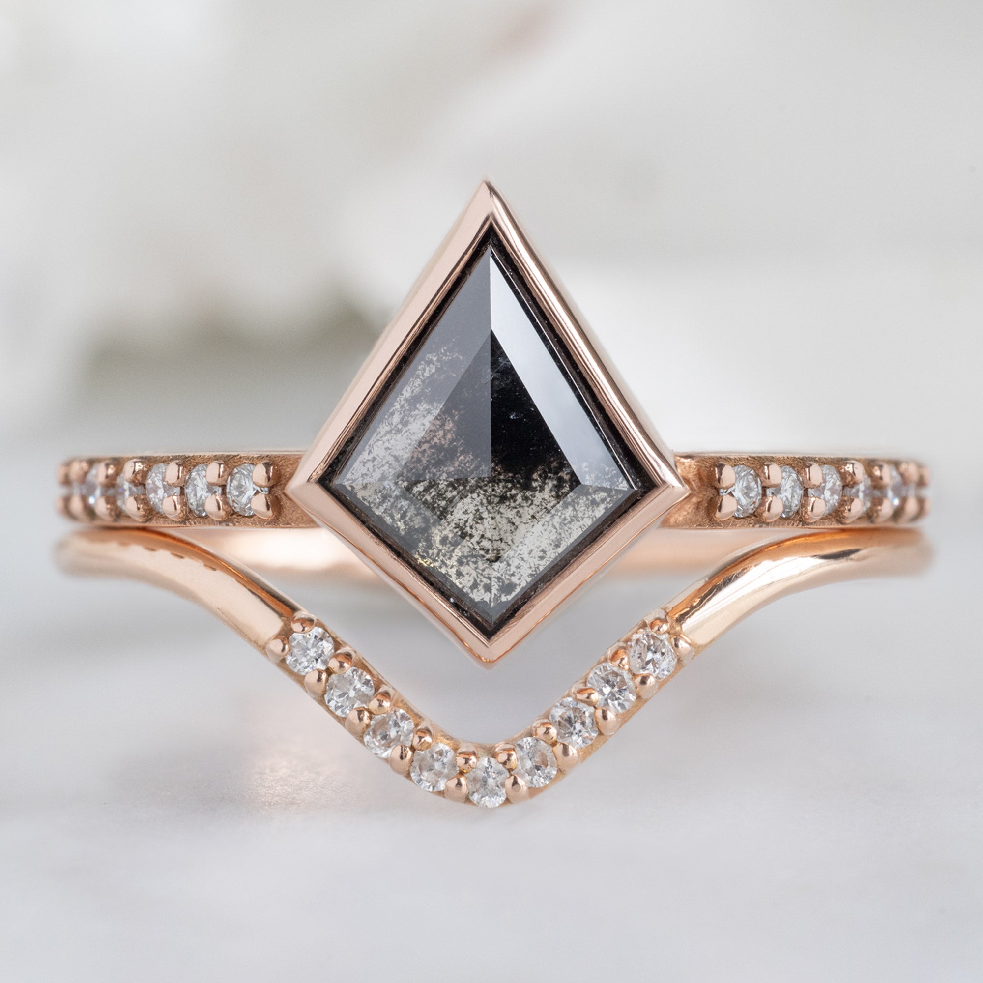 The Willow Ring with a 0.92ct Kite Black Diamond in 14K Rose Gold with Diamond Pavé Peak Stacking Band