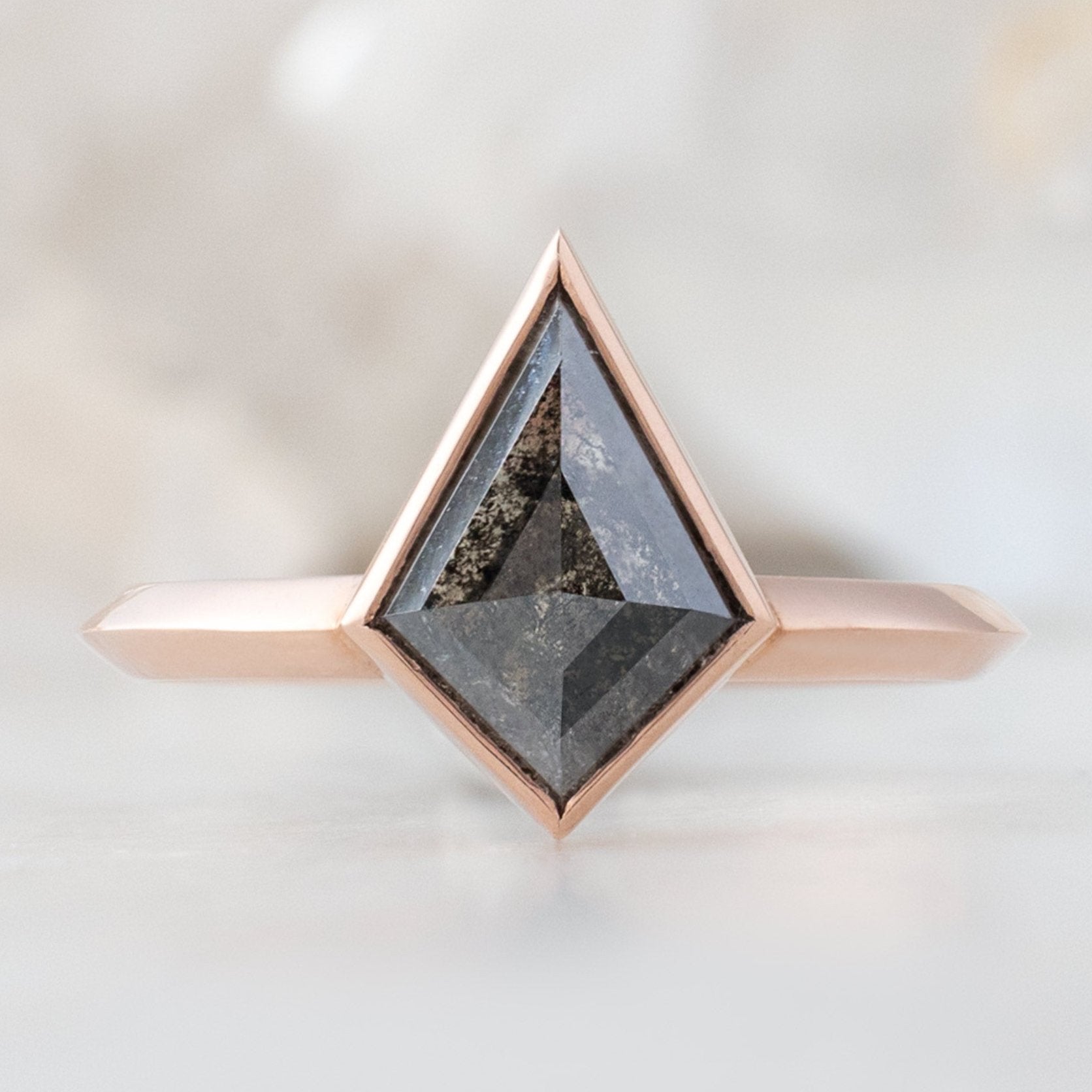 The Hazel Ring with a 1.52ct Kite Black Diamond in 14K Rose Gold on White Background