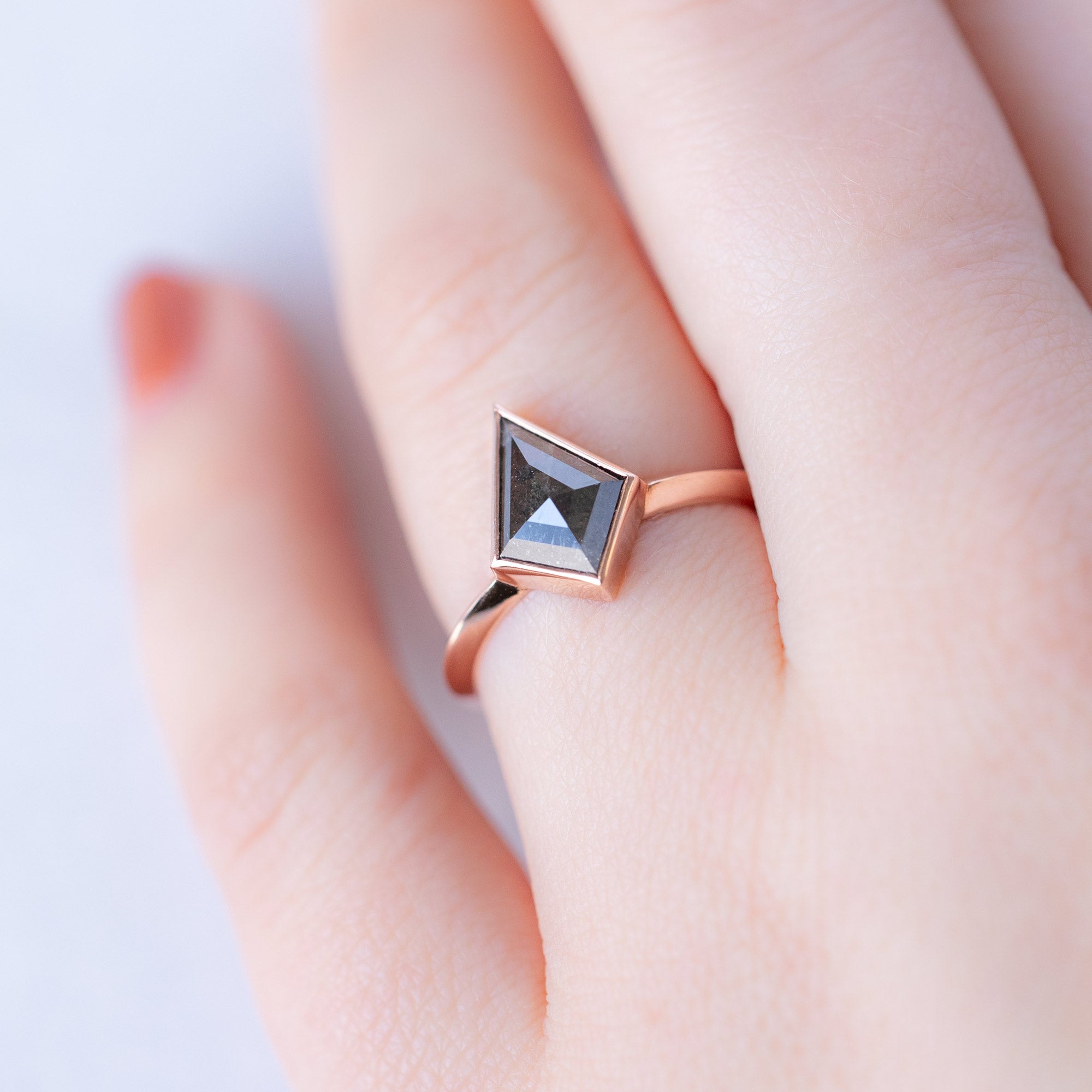 The Hazel Ring with a 1.52ct Kite Black Diamond in 14K Rose Gold on Model