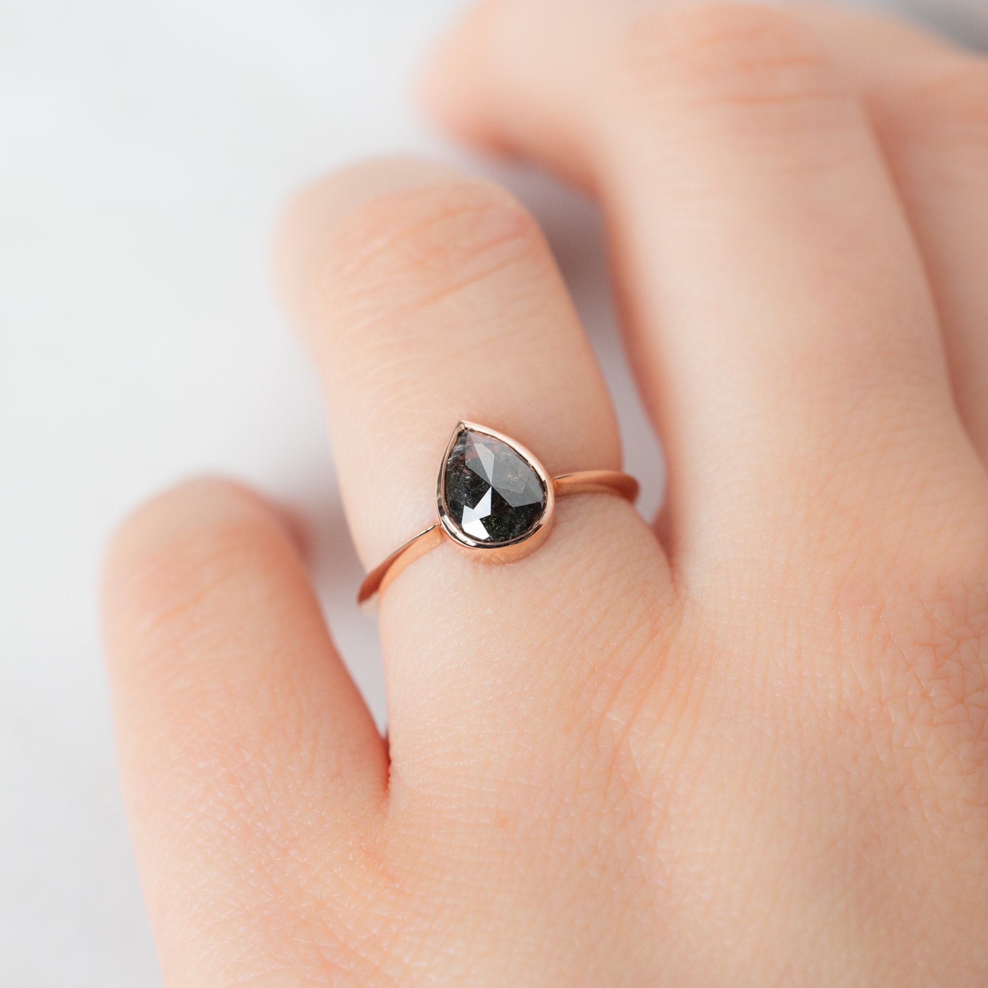 The Hazel Ring with a 1.68ct Rose Cut Black Diamond in 14K Rose Gold on Model