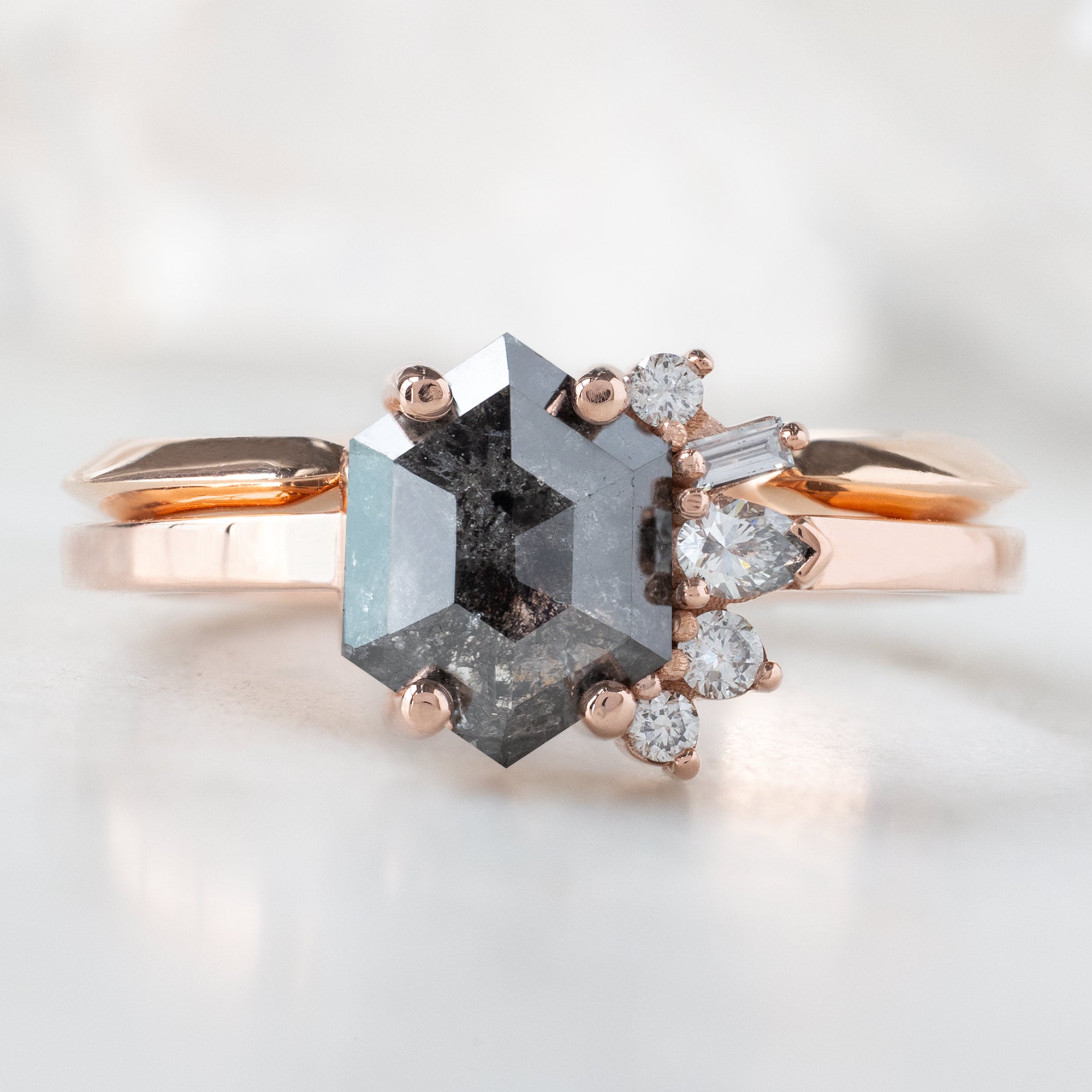 buy:open-cuff-knife-edge-stacking-band-14k-yellow-gold,the-cluster-ring-1-07ct-hexagon-black-diamond-in-14k-rose-gold