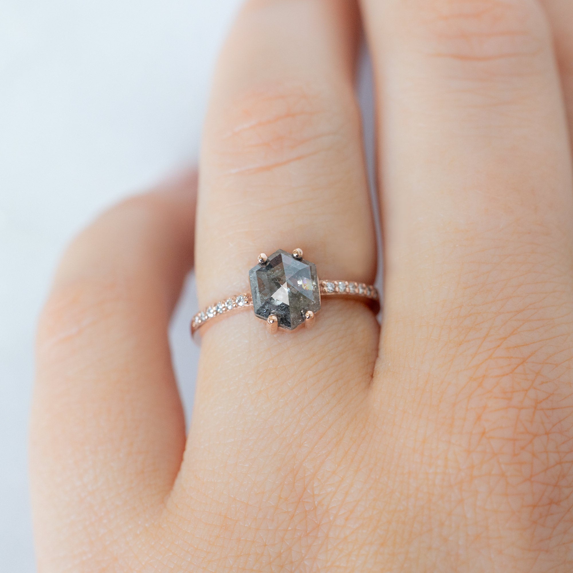 The Willow Ring with a 1.35ct Hexagon Salt and Pepper Diamond in 14K Rose Gold on Model