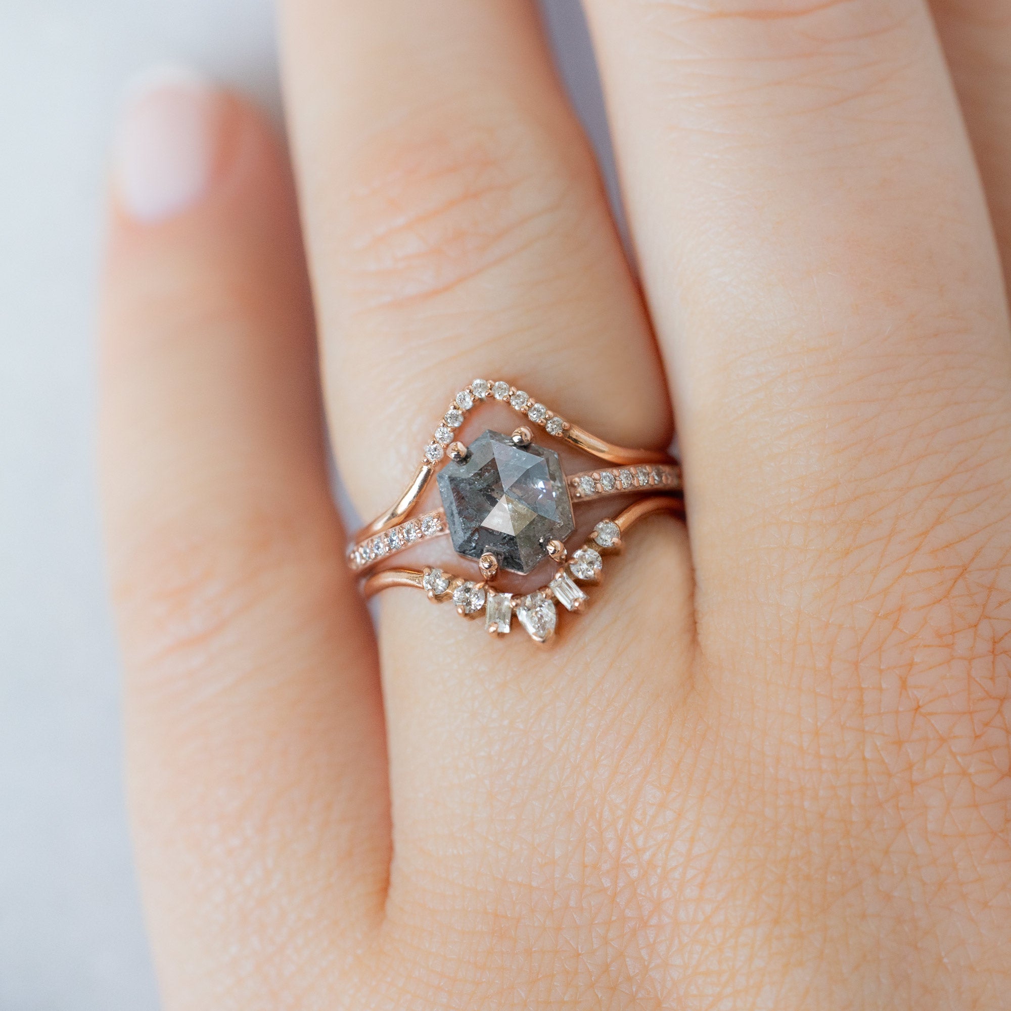 buy:white-diamond-pave-peak-stacking-band-14k-or-18k-yellow-gold,the-willow-ring-1-35ct-hexagon-salt-and-pepper-diamond-in-14k-rose-gold,geometric-white-diamond-sunburst-stacking-band-14k-or-18k-yellow-gold