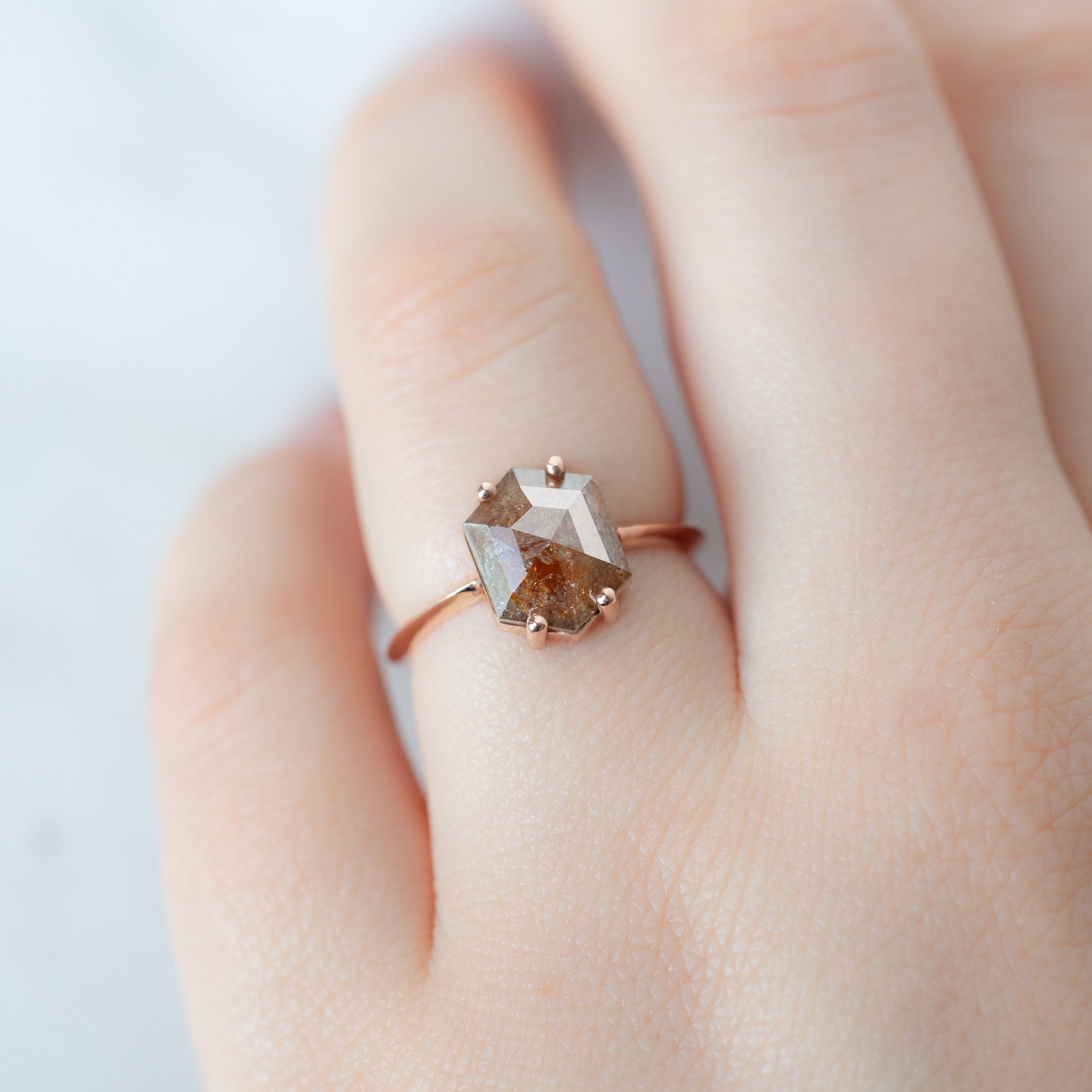 The Bryn Ring with a 2.03ct Hexagon Red Diamond in 14K Rose Gold on Model