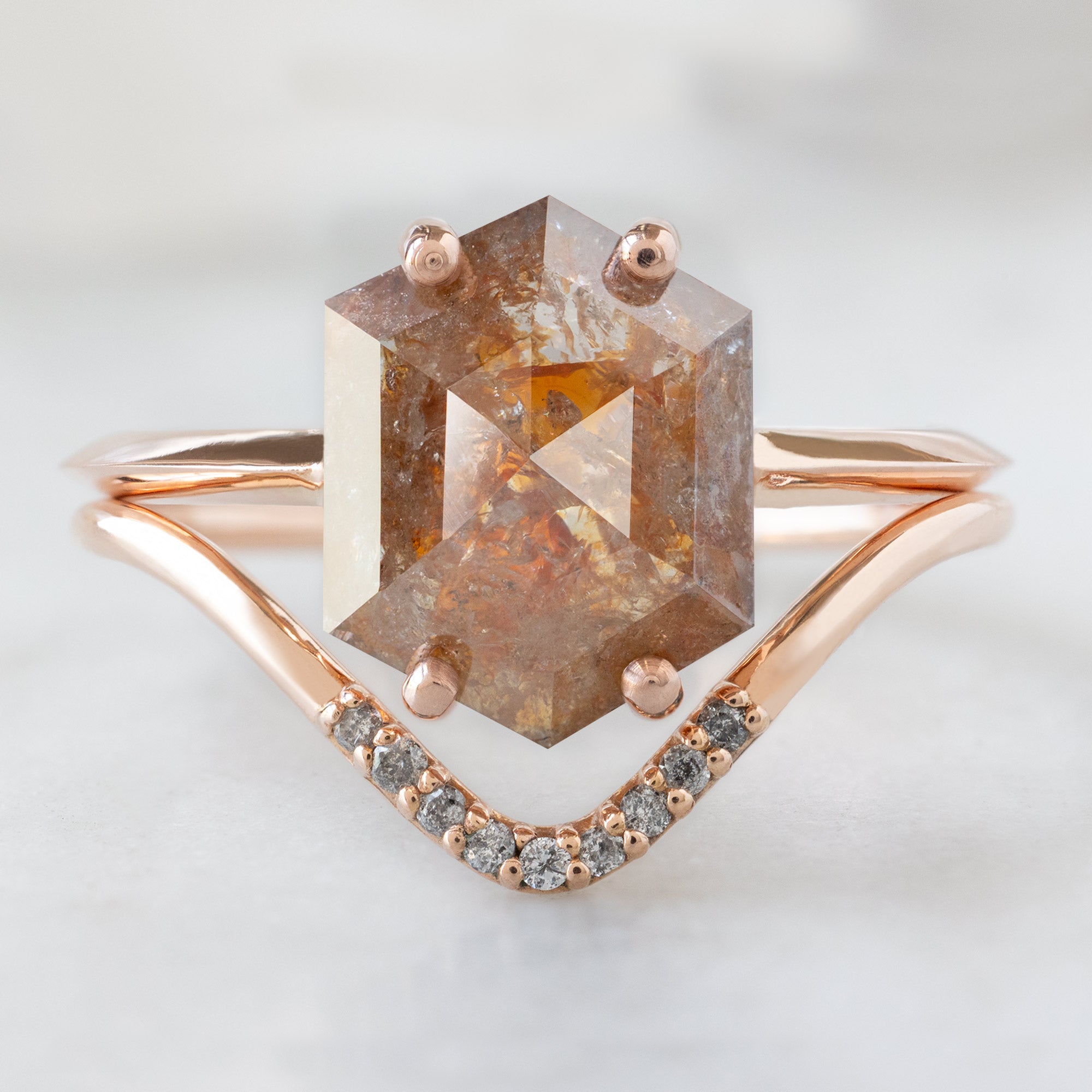 The Bryn Ring with a 2.03ct Hexagon Red Diamond in 14K Rose Gold Stacked with the Salt and Pepper Pavé Diamond Arc Stacking Band