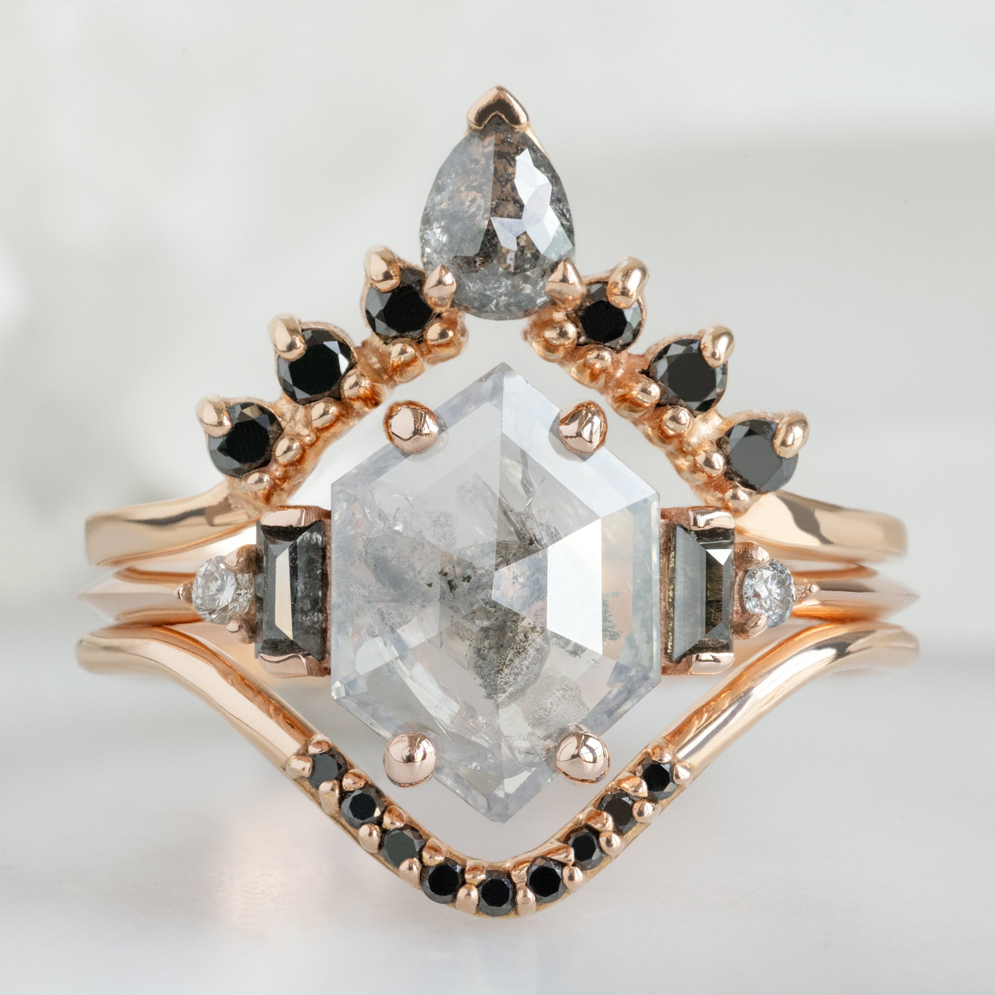 buy:pear-black-diamond-sunburst-stacking-band-14k-gold,the-primrose-ring-1-21ct-hexagon-salt-and-pepper-diamond-in-14k-rose-gold,black-diamond-pave-peak-stacking-band-14k-or-18k-rose-gold