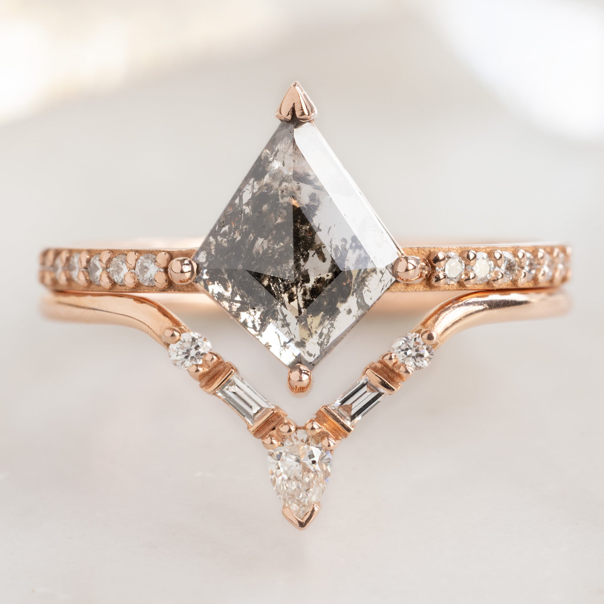 The Willow Ring with a Kite Shaped Salt and Pepper Diamond in 14K Rose Gold Stacked with the Diamond Tiara Stacking Band