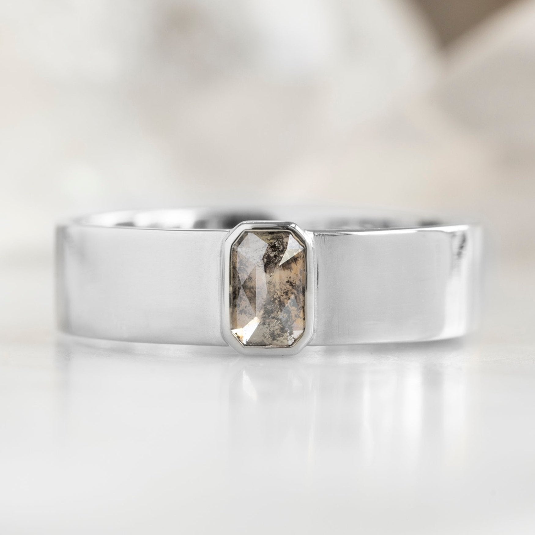 The Cigar Band with an Emerald-Cut Salt and Pepper Diamond | Yellow, Rose or White Gold