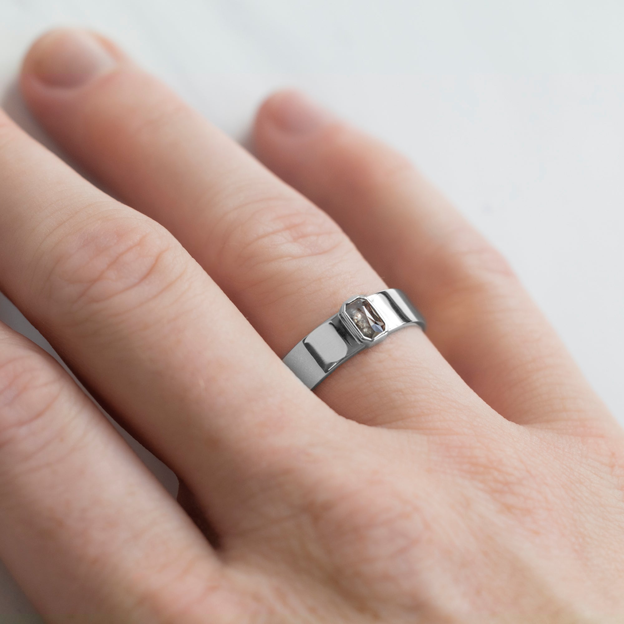 The Cigar Band with an Emerald-Cut Salt and Pepper Diamond | Yellow, Rose or White Gold