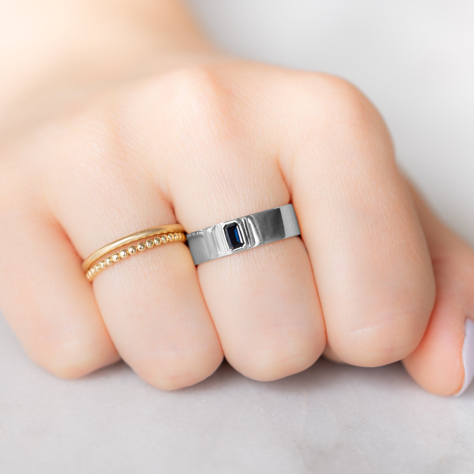 The Cigar Band with an Emerald-Cut Blue Sapphire | Yellow, Rose or White Gold