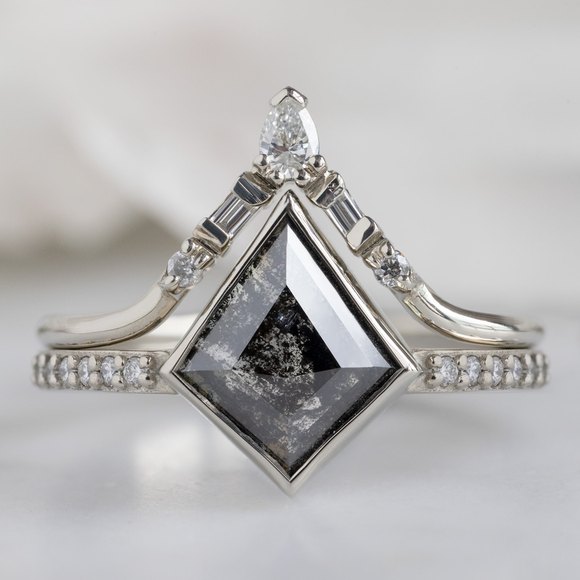 The Willow Ring with a 1.19ct Kite Black Diamond in 14K White Gold Stacked with the White Diamond Tiara Stacking Band