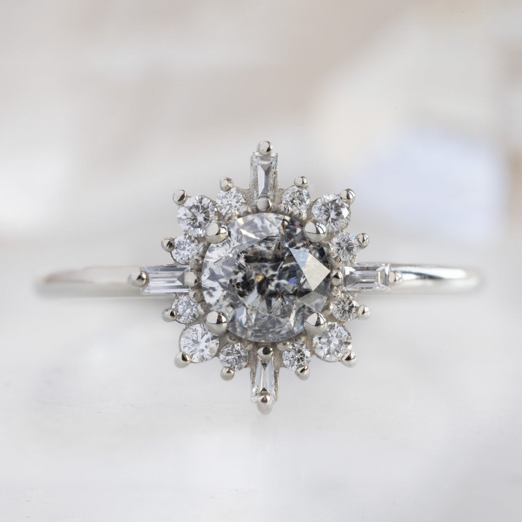 The Compass Ring with a 0.96ct Round Salt and Pepper Diamond in 14K White Gold on White Marble