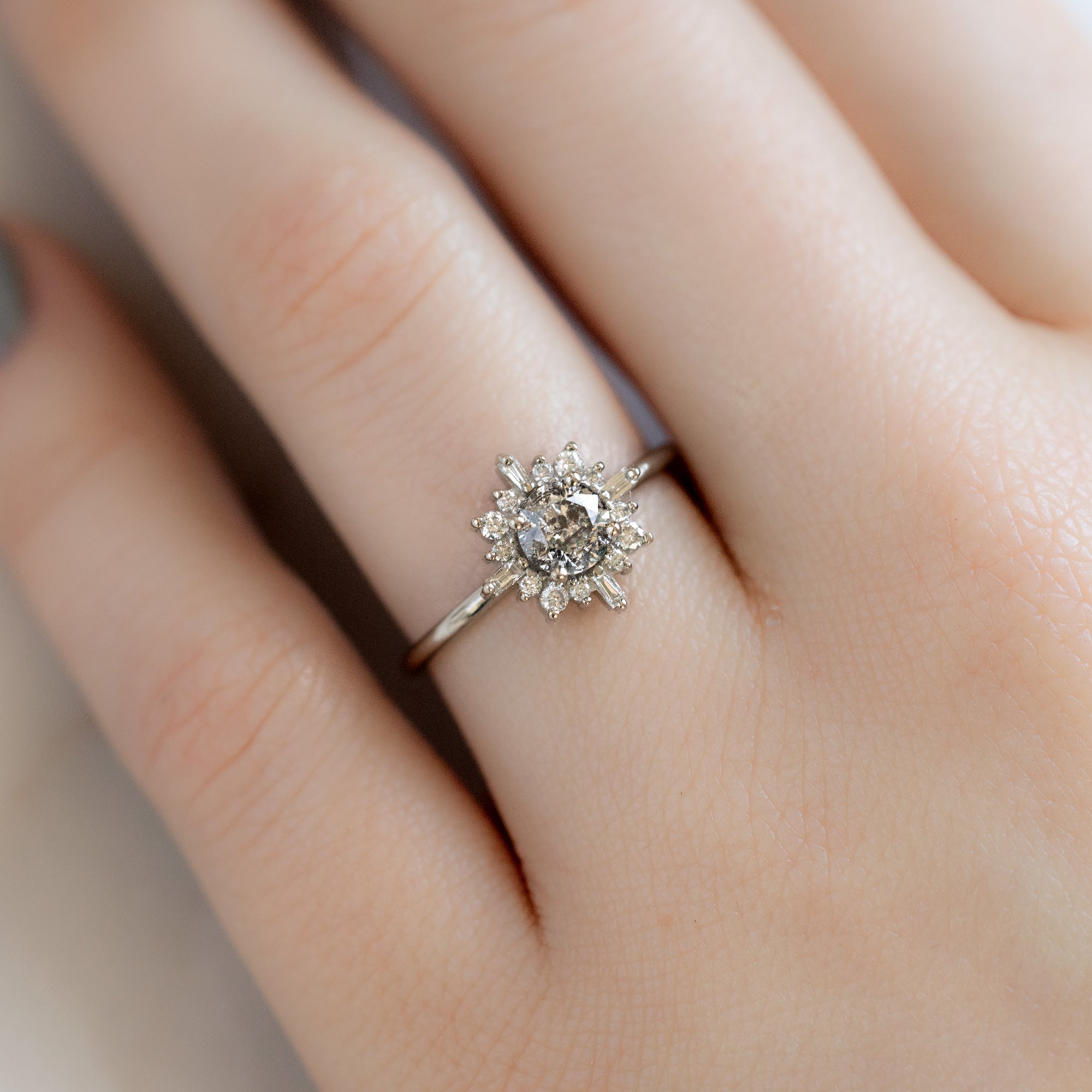 The Compass Ring with a 0.96ct Round Salt and Pepper Diamond in 14K White Gold on Model