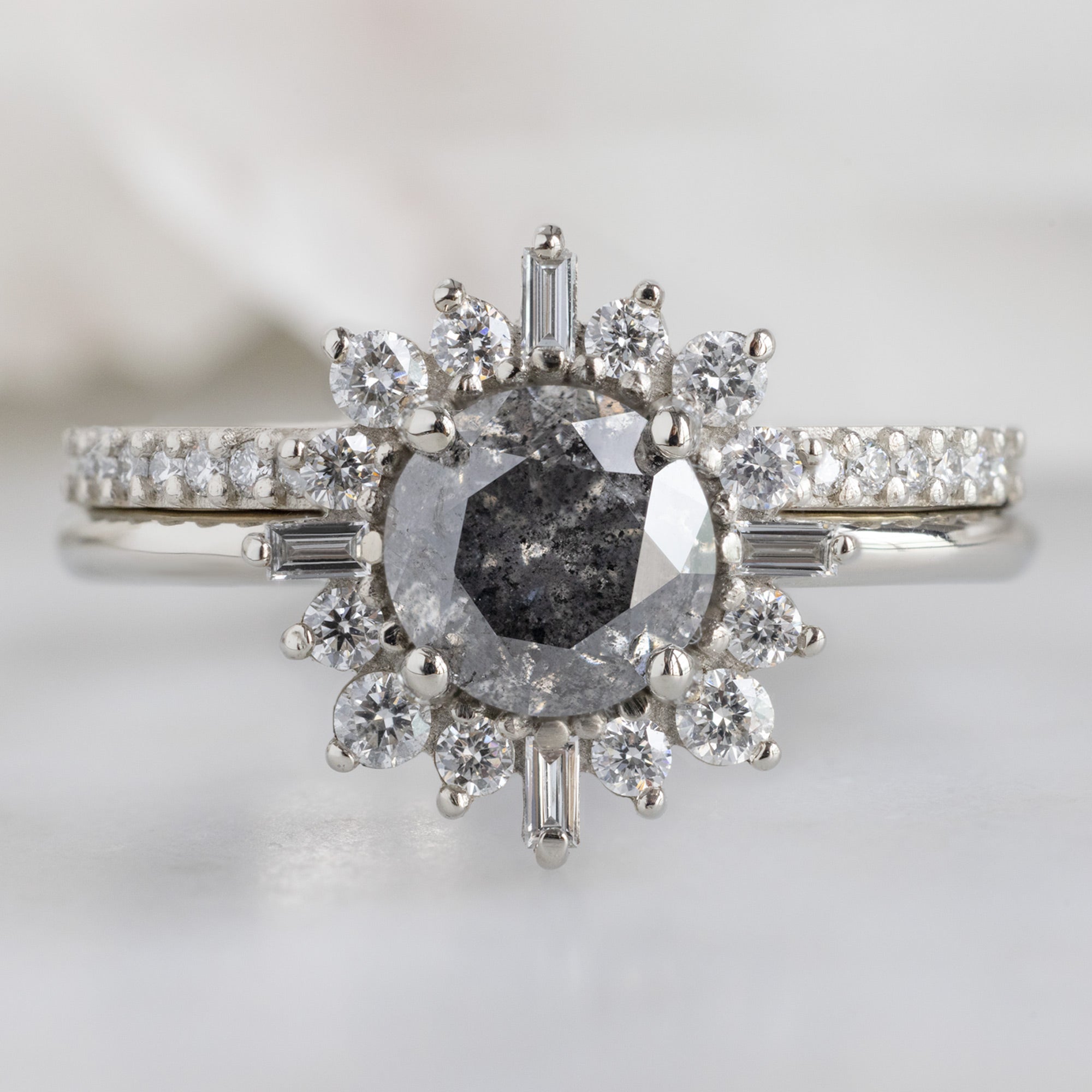 The Compass Ring with a 0.96ct Round Salt and Pepper Diamond in 14K White Gold Stacked with the Open Cuff White Diamond Pavé Stacking Band