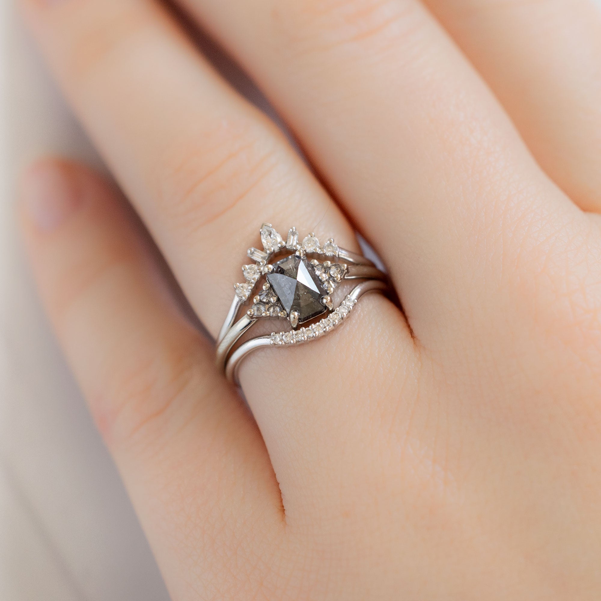 buy:geometric-white-diamond-sunburst-stacking-band-14k-or-18k-yellow-gold,the-ivy-ring-0-95ct-emerald-cut-salt-and-pepper-diamond-in-14k-white-gold,white-diamond-pave-arc-stacking-band-14k-or-18k-yellow-gold