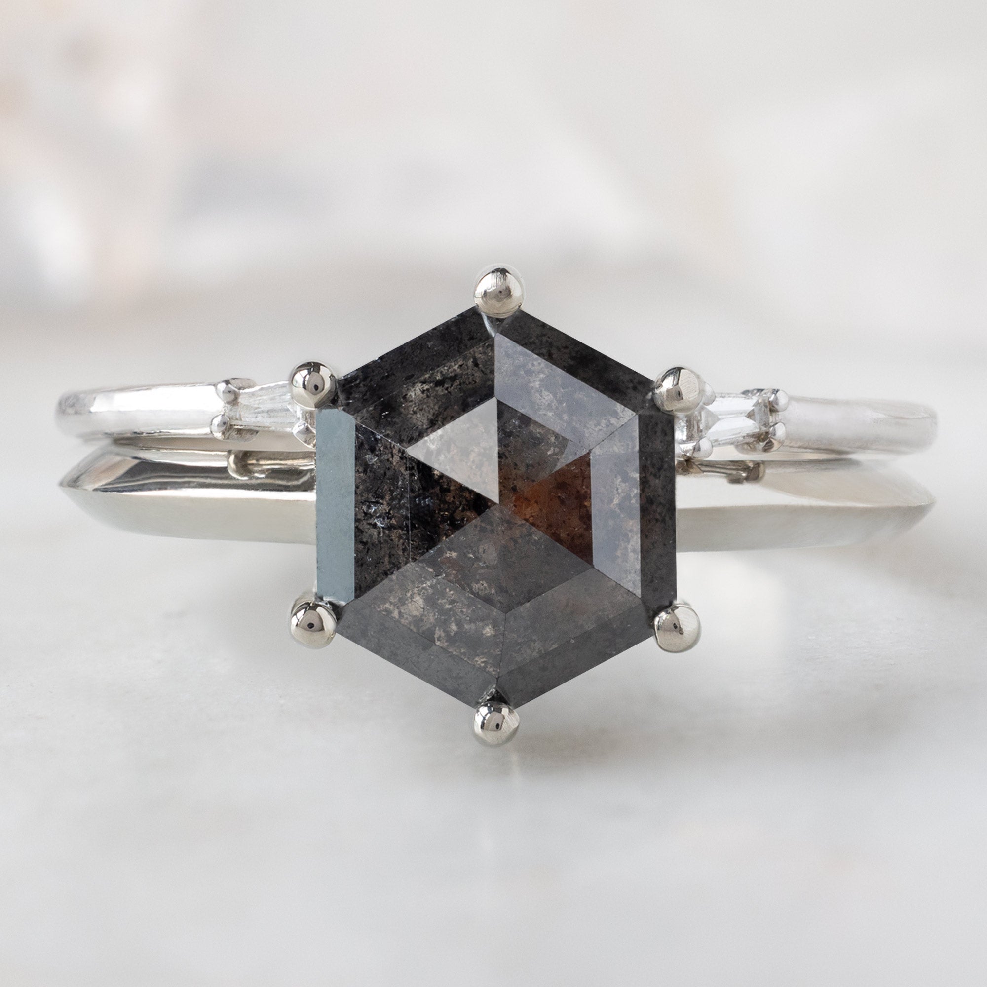 The Bryn Ring with a 2.33ct Black Hexagon Diamond in 14K White Gold Stacked with Open Cuff Baguette Stacking Band