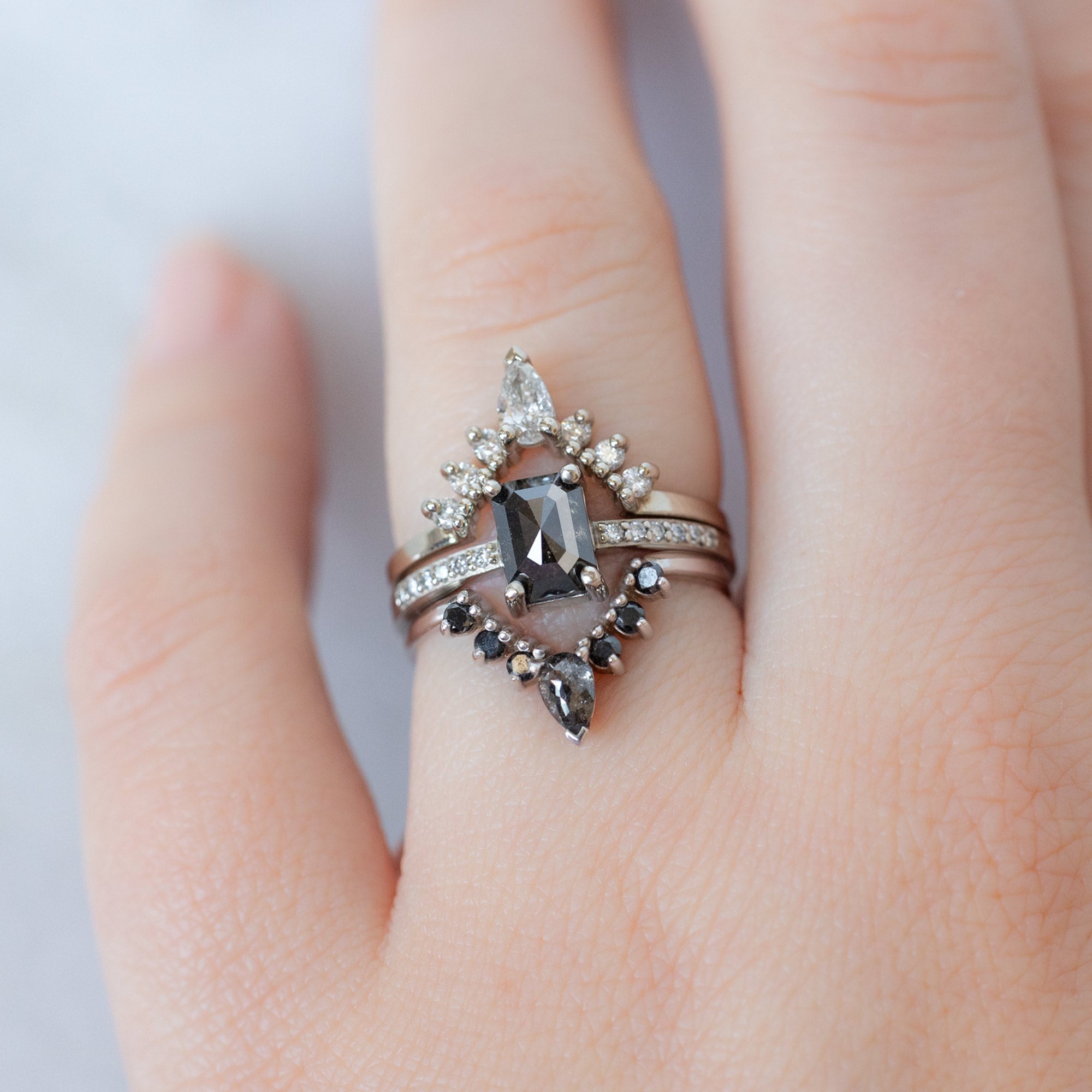 buy:white-pear-diamond-sunburst-stacking-band-14k-gold,the-willow-ring-1-05ct-emerald-cut-black-diamond-in-14k-white-gold,pear-black-diamond-sunburst-stacking-band-14k-gold