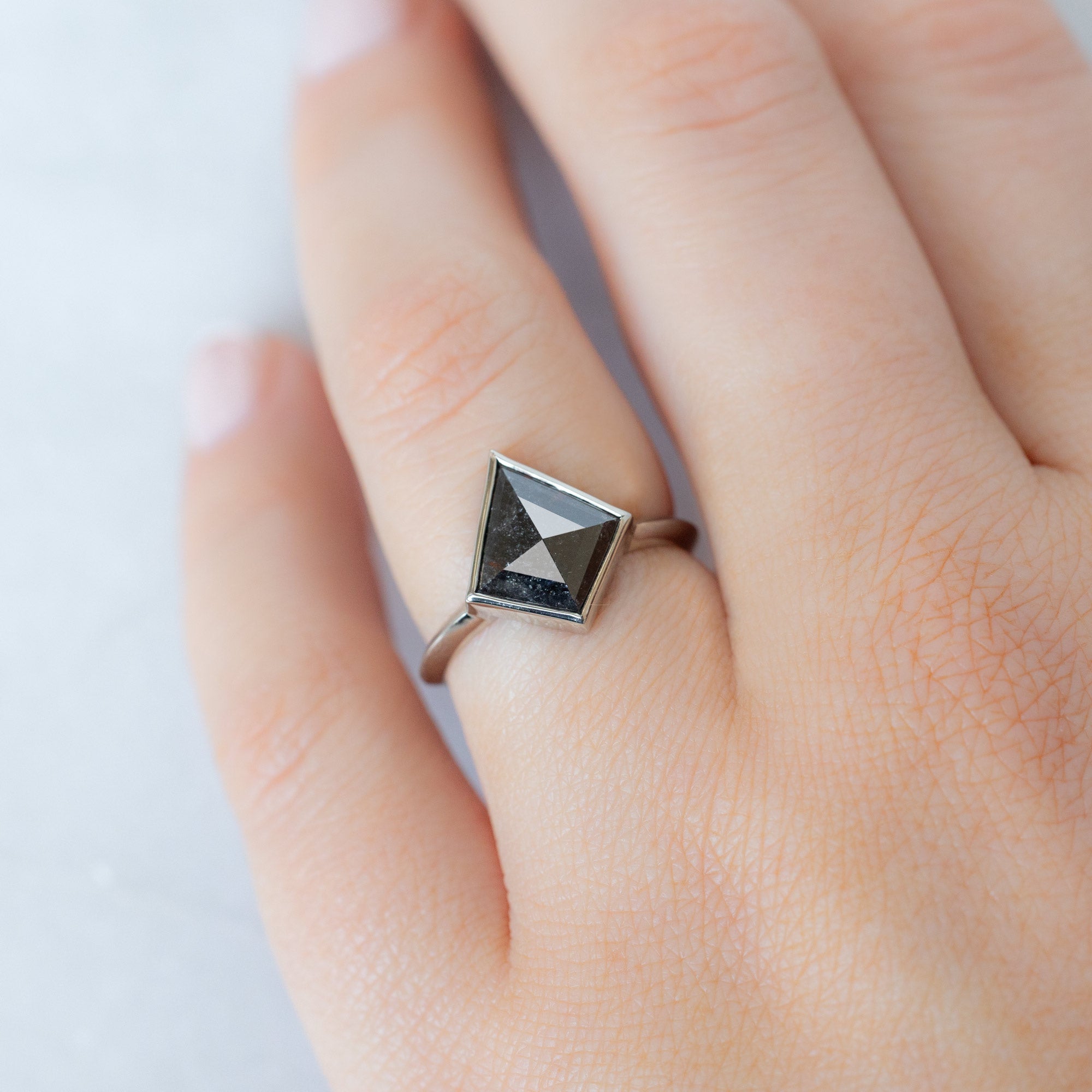 The Hazel Ring with a 1.97ct Kite Black Diamond in 14K White Gold on Model
