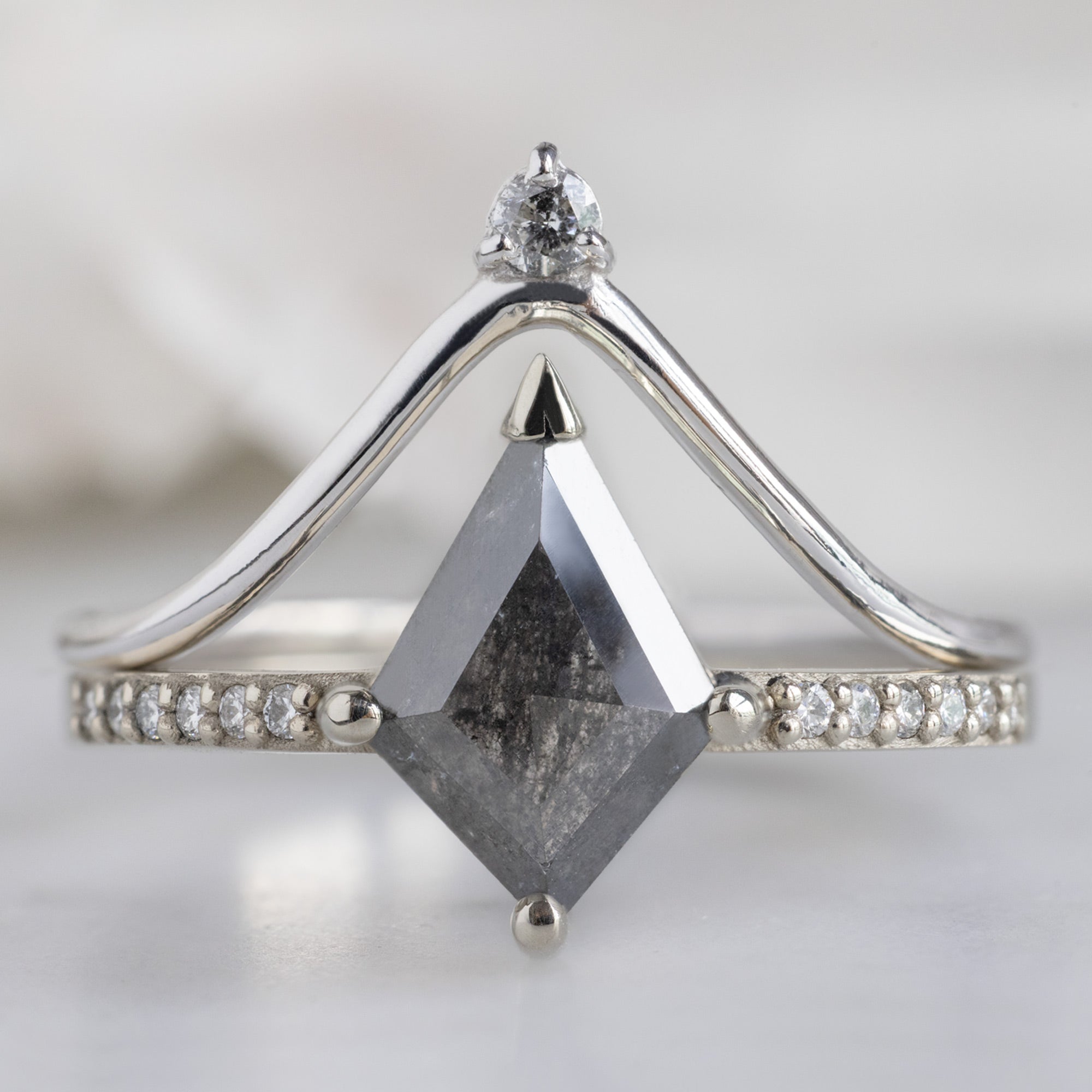 The Willow Ring with a Kite Shaped Salt and Pepper Diamond in 14K White Gold Stacked with the Salt and Pepper Diamond Crown Stacking Band