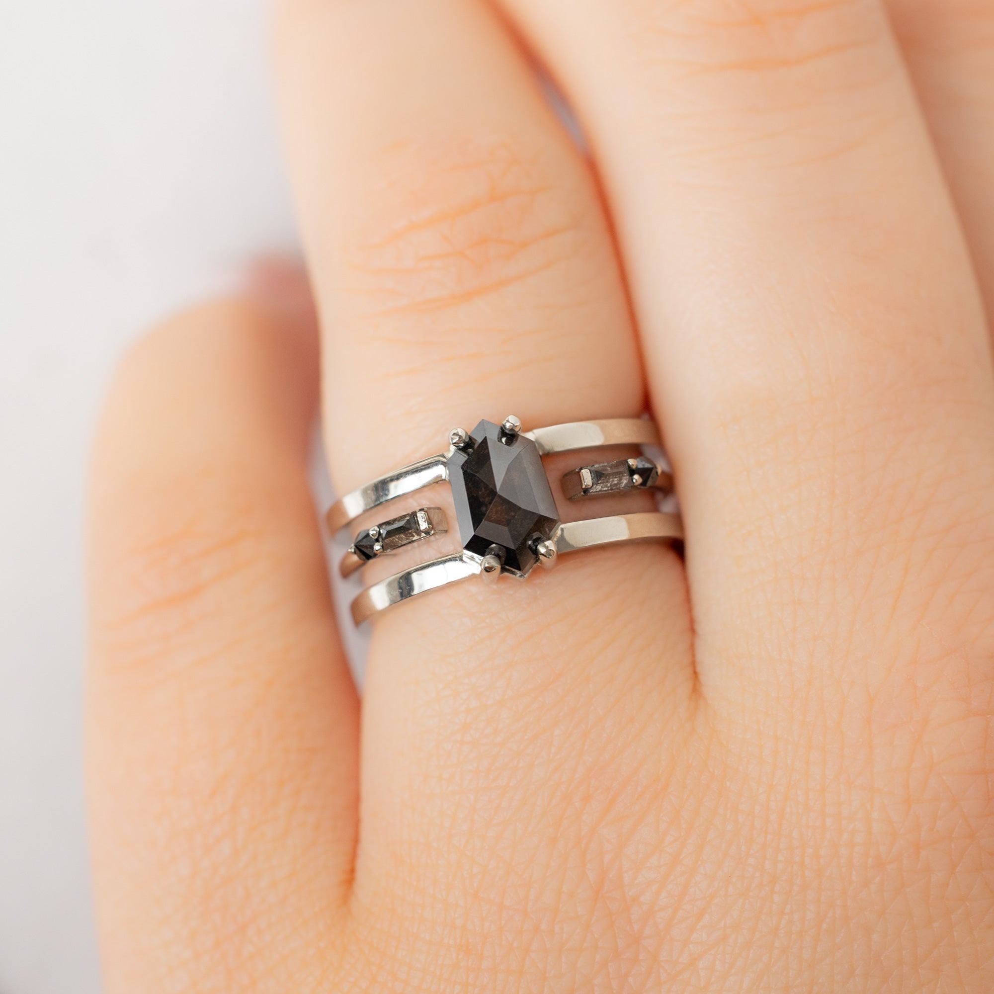 buy:the-poppy-ring-1-56ct-hexagon-black-diamond-in-14k-white-gold,the-luxe-open-cuff-black-baguette-diamond-stacking-band-yellow-rose-or-white-gold