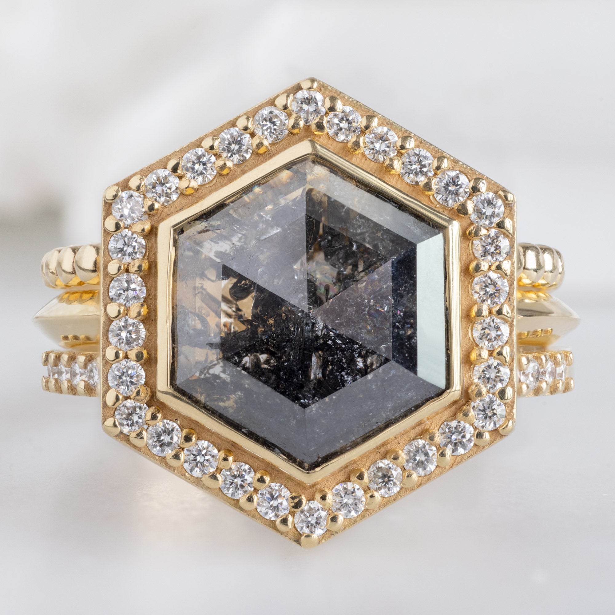 buy:the-gold-beaded-stacking-ring-14k-yellow-gold,the-dahlia-ring-2-68ct-salt-and-pepper-hexagon-diamond-in-18k-yellow-gold,the-white-diamond-pave-wedding-band-14k-or-18k-yellow-gold