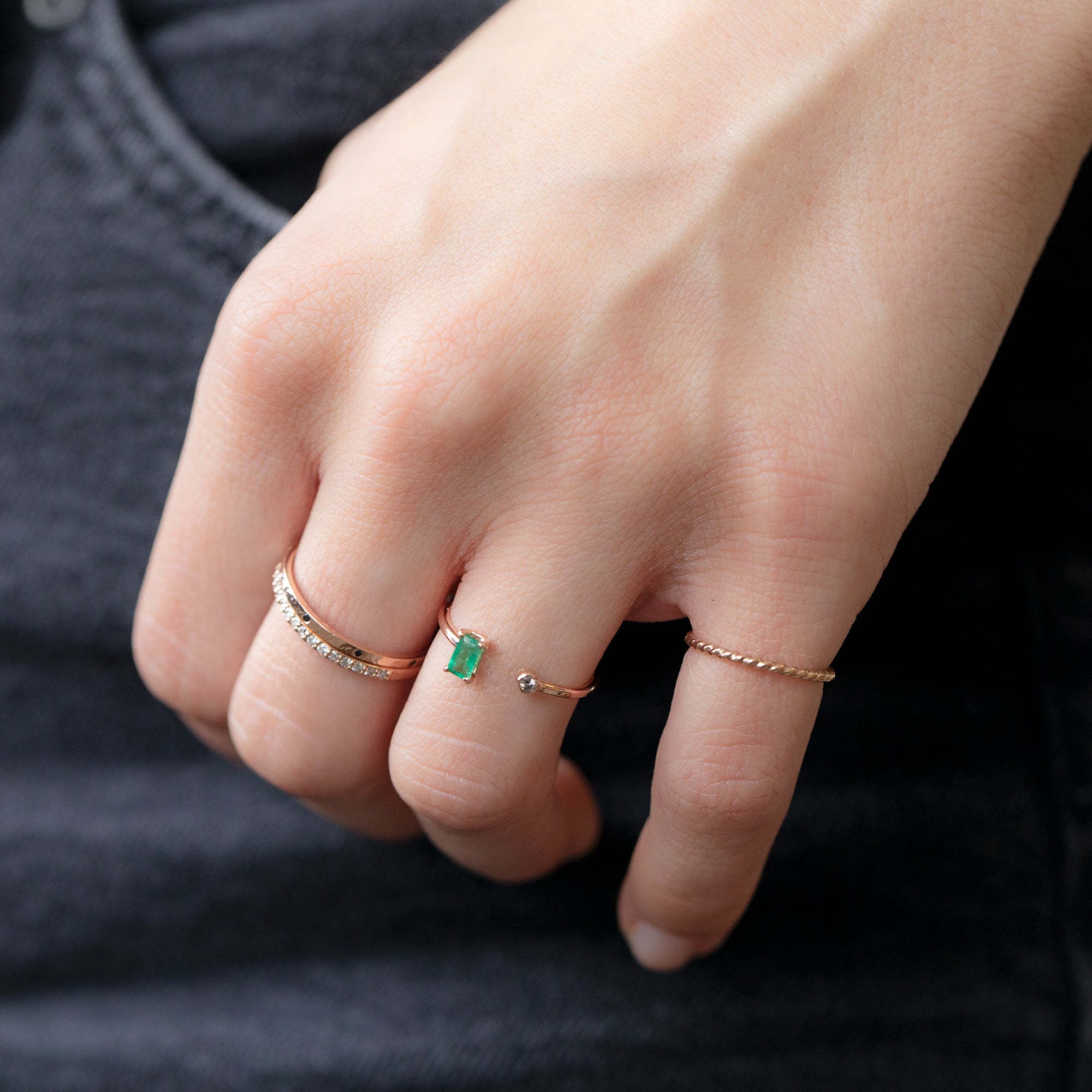 buy:the-black-diamond-eternity-band-14k-or-18k-rose-gold,the-white-diamond-pave-wedding-band-14k-or-18k-yellow-gold,the-open-cuff-emerald-diamond-ring-14k-rose-gold