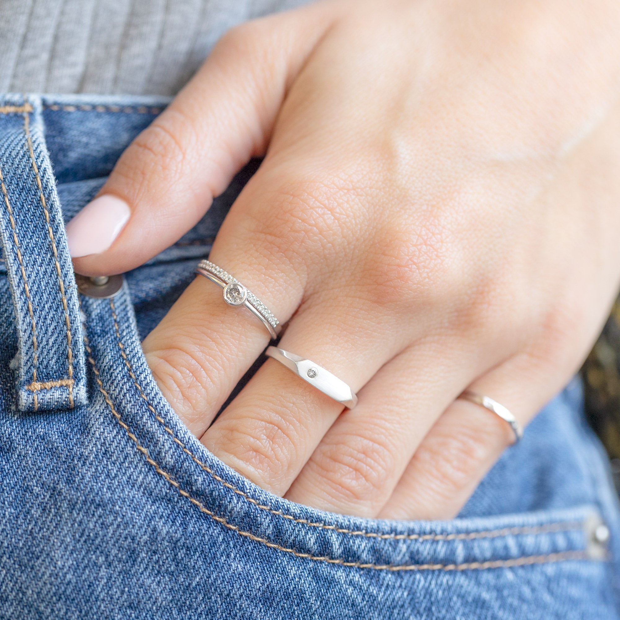 buy:the-round-salt-and-pepper-diamond-stacking-ring-14k-yellow-gold,the-white-diamond-pave-wedding-band-14k-or-18k-yellow-gold,the-salt-and-pepper-diamond-signet-ring-sterling-silver,the-gold-stacking-wedding-ring-hammered-texture-in-14k-yellow-gold