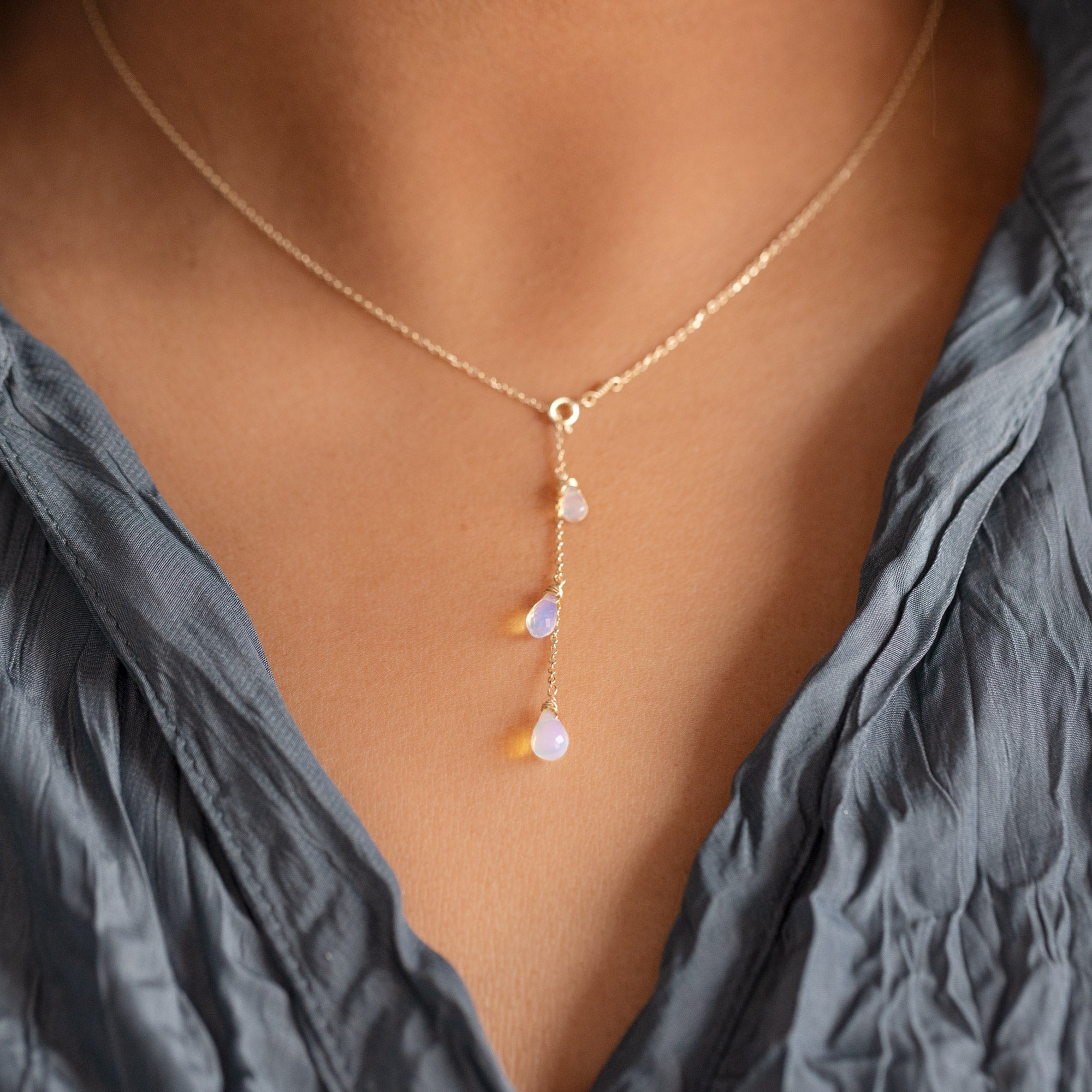 The Opal Cascade Lariat Necklace | Yellow or Rose Gold