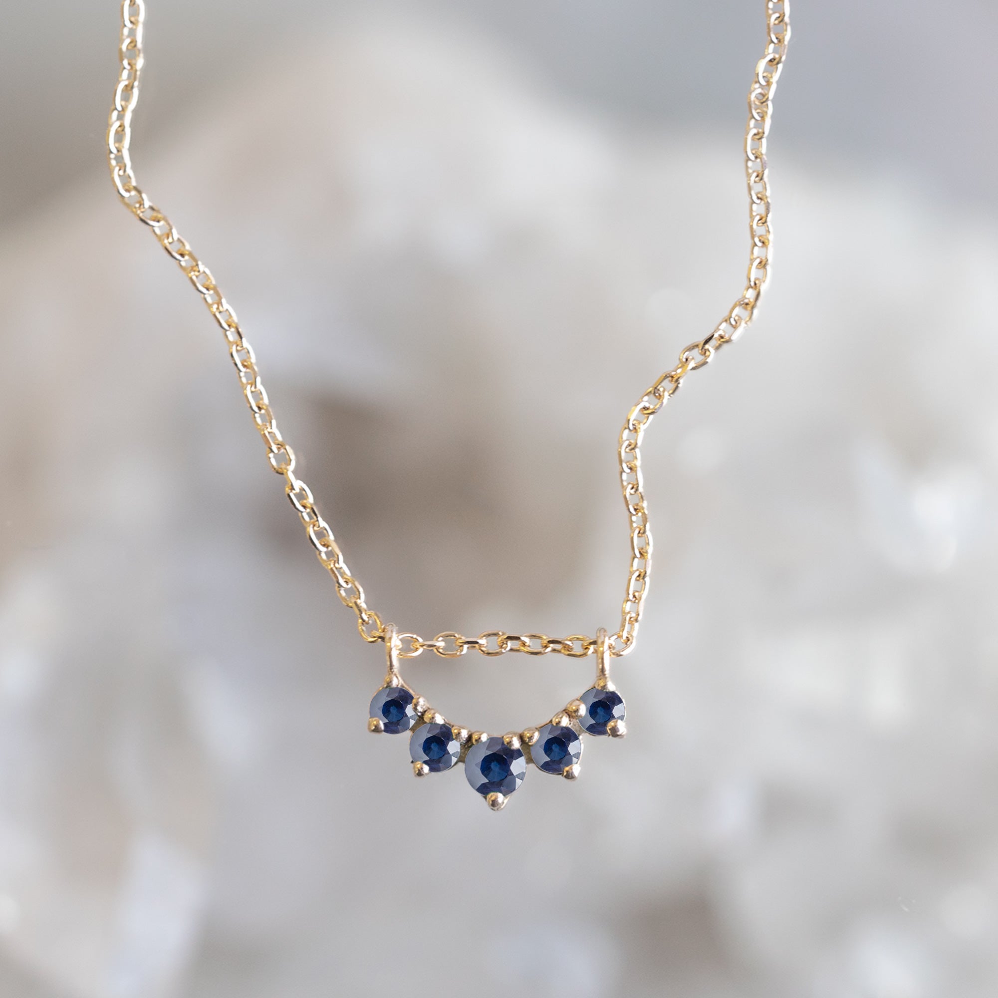 Blue Sapphire Gemstone Sunburst Necklace | Yellow, Rose or White Gold
