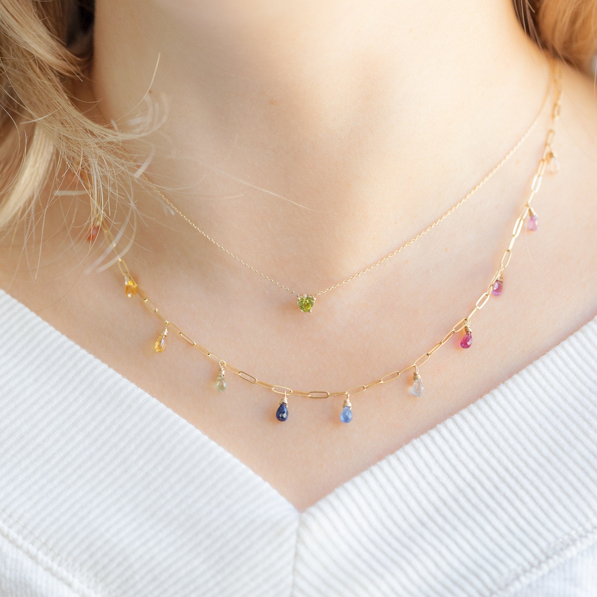 buy:the-rainbow-sapphire-briolette-necklace-gold-filled,the-sweetheart-peridot-necklace-10k-yellow-gold