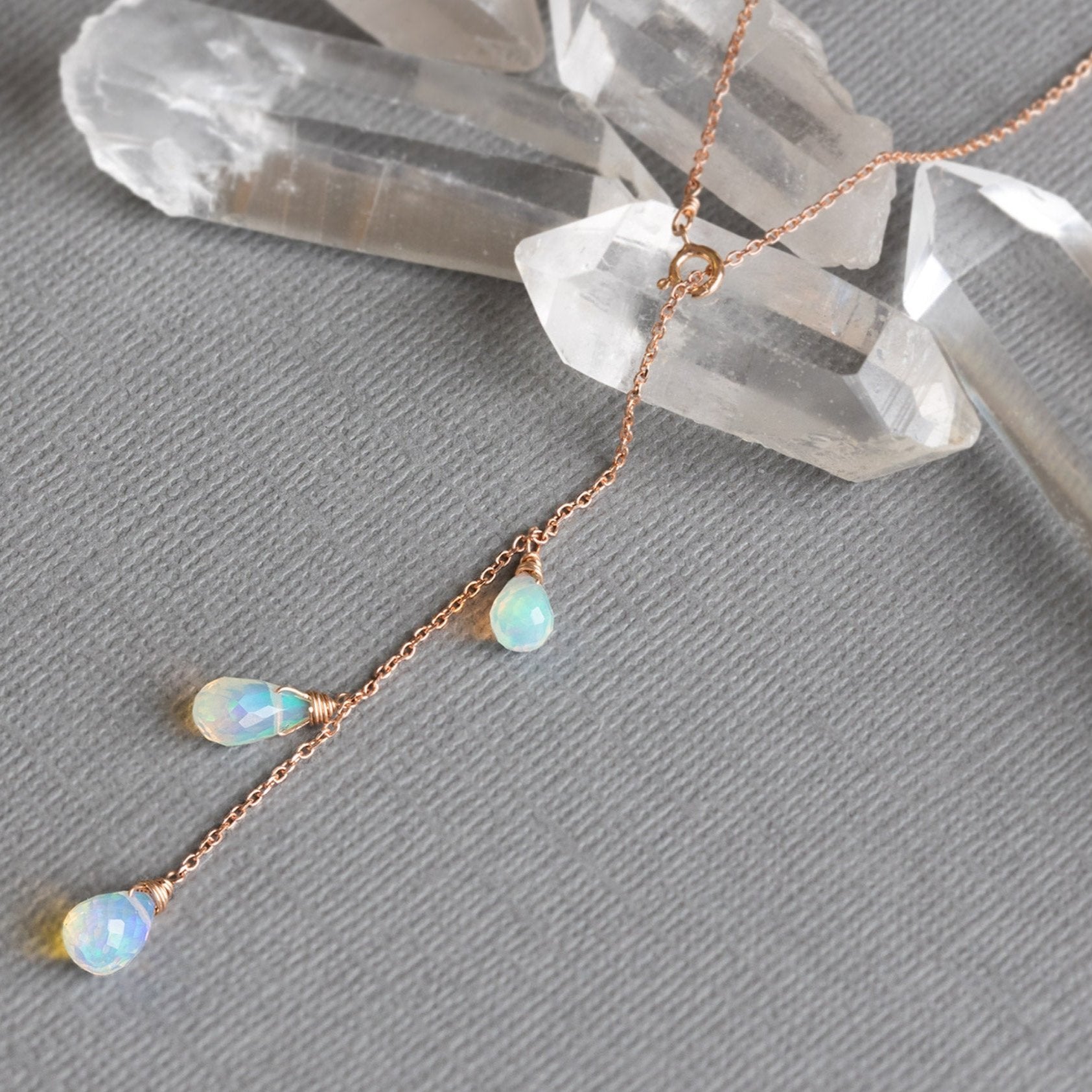 The Opal Cascade Lariat Necklace | Yellow or Rose Gold