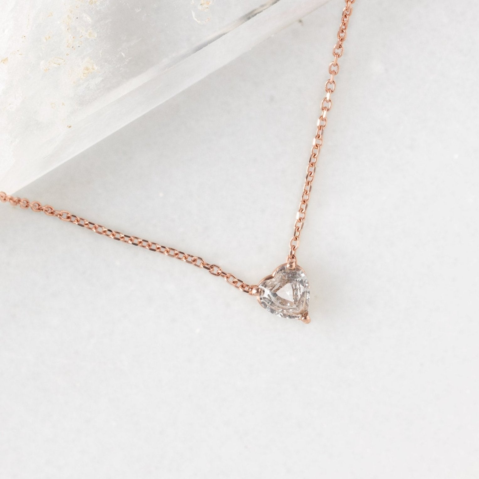 The White Sapphire Gemstone Heart Necklace | Yellow, Rose or White Gold
