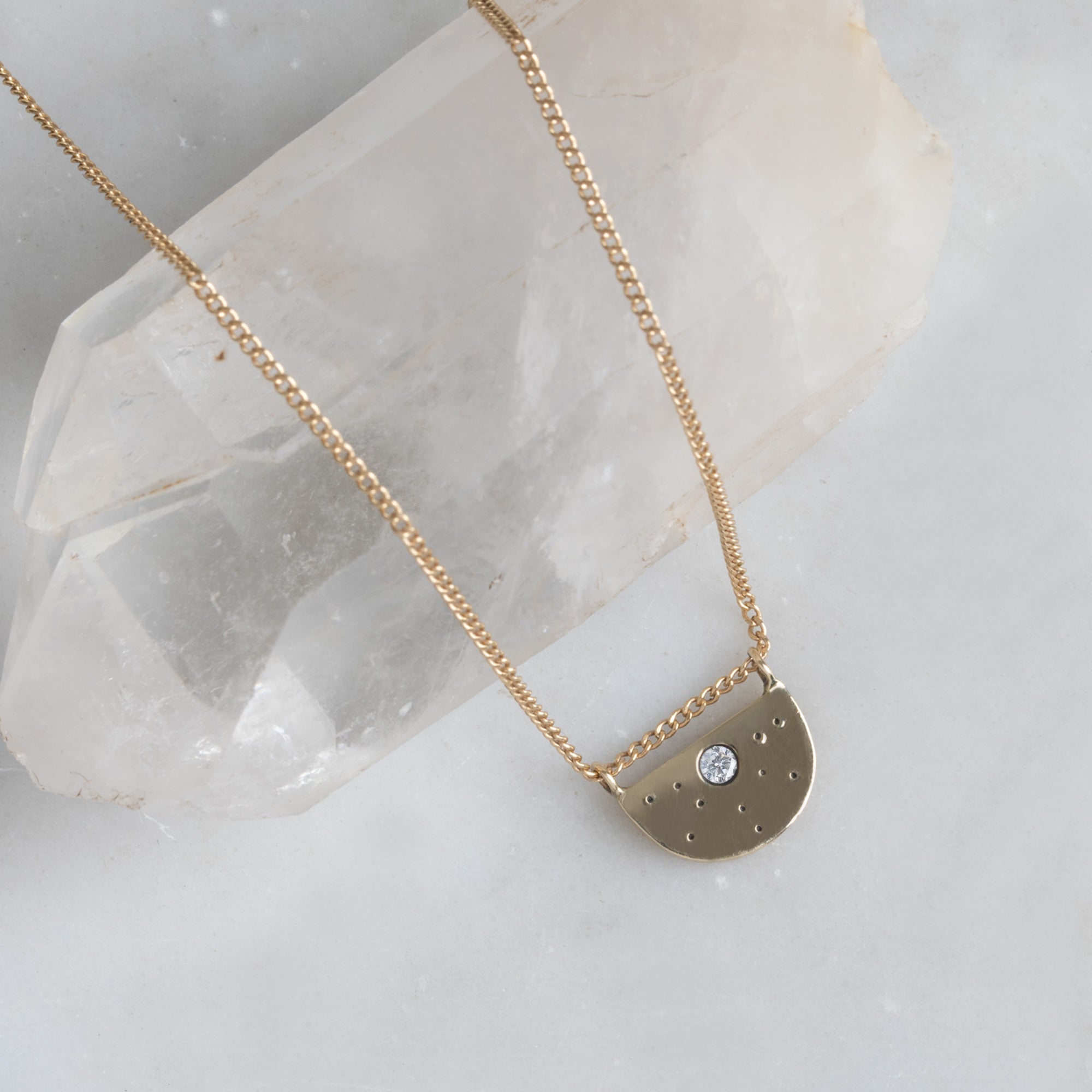 The White Diamond Half Moon Stardust Necklace | Yellow, Rose or Sterling Silver