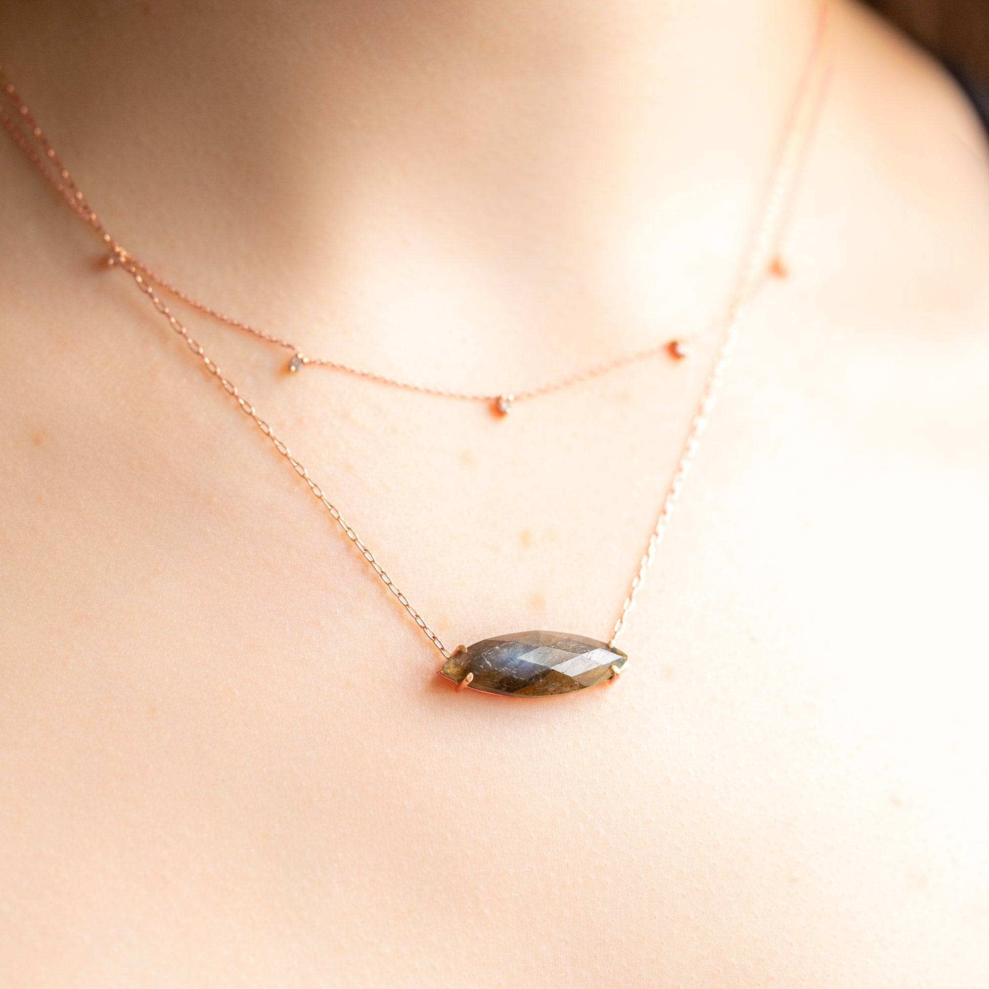 buy:the-diamond-sunburst-necklace-10k-rose-gold,the-labradorite-marquise-necklace-14k-rose-gold