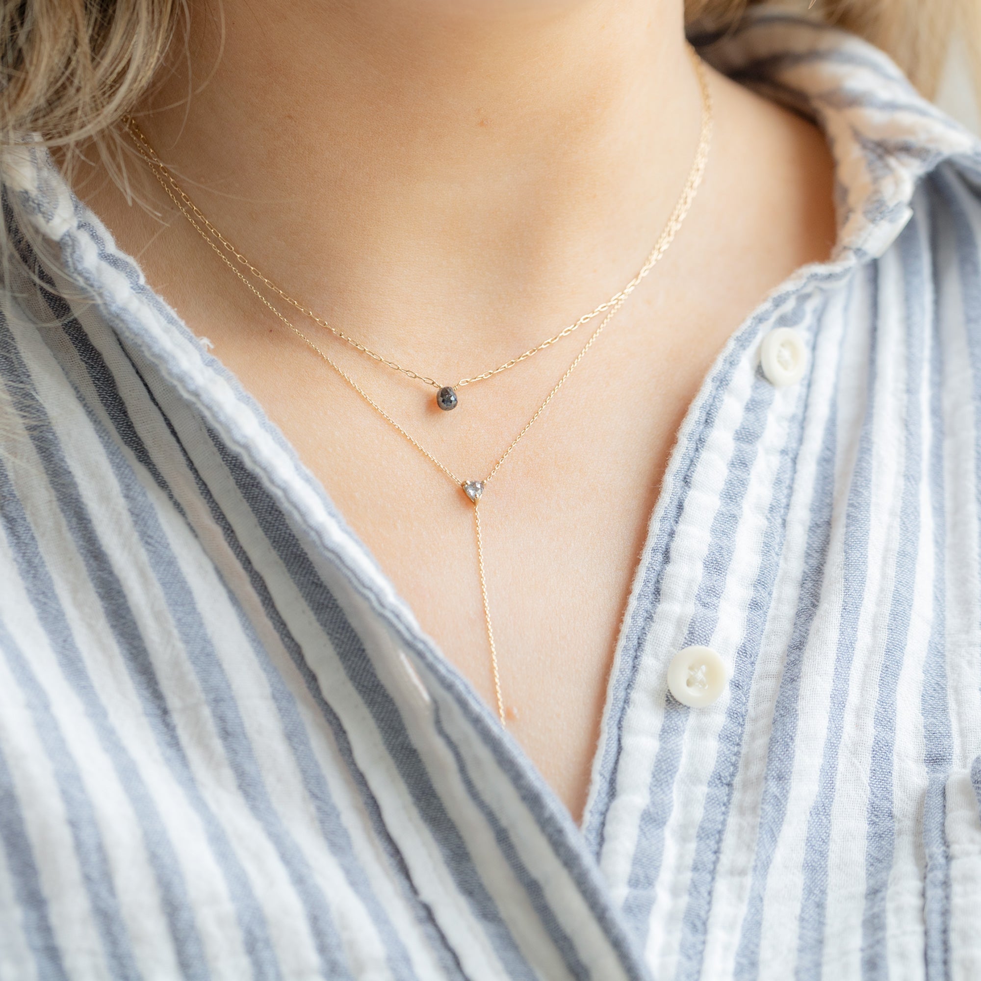 buy:the-trillion-salt-and-pepper-diamond-lariat-necklace-14k-yellow-gold,the-simple-black-diamond-briolette-necklace-yellow-gold-filled