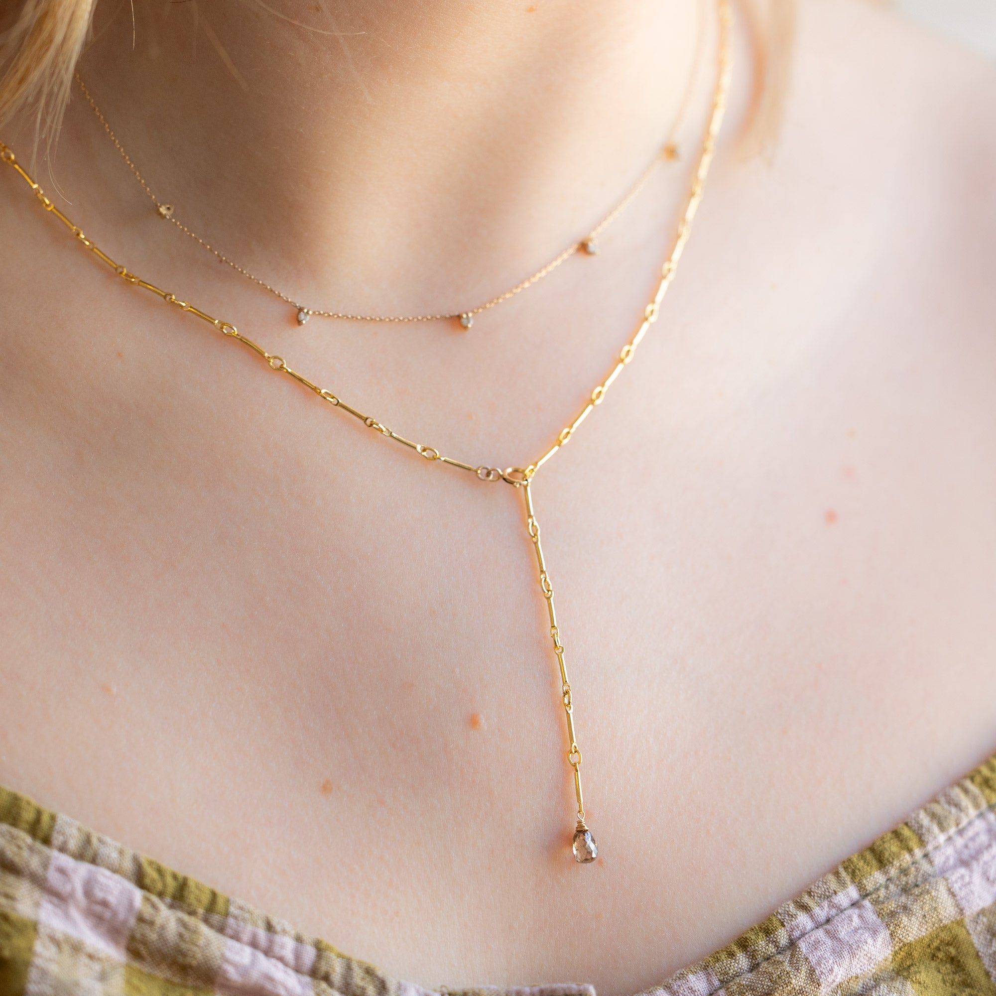 buy:the-diamond-sunburst-necklace-10k-yellow-gold,the-bar-chain-briolette-champagne-diamond-lariat-necklace-gold-filled