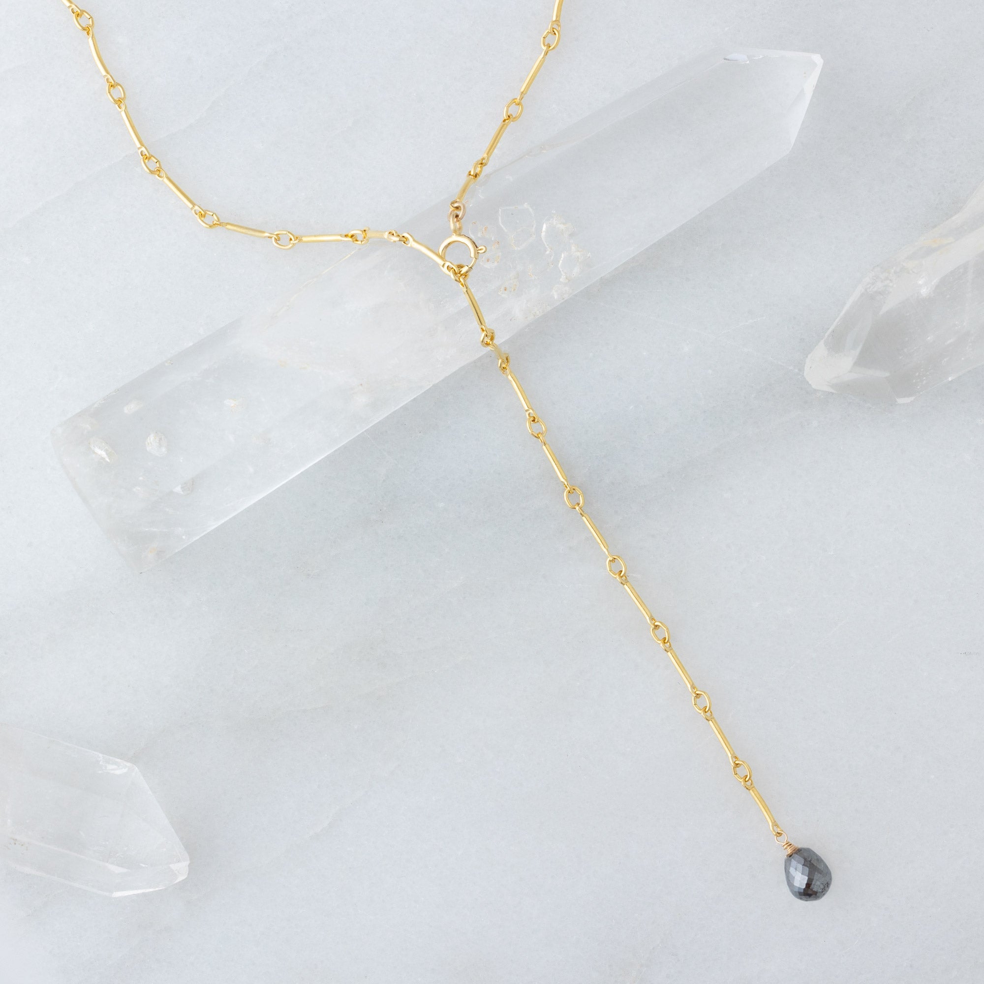 The Bar Chain Briolette Black Diamond Lariat Necklace | Yellow or Rose Gold