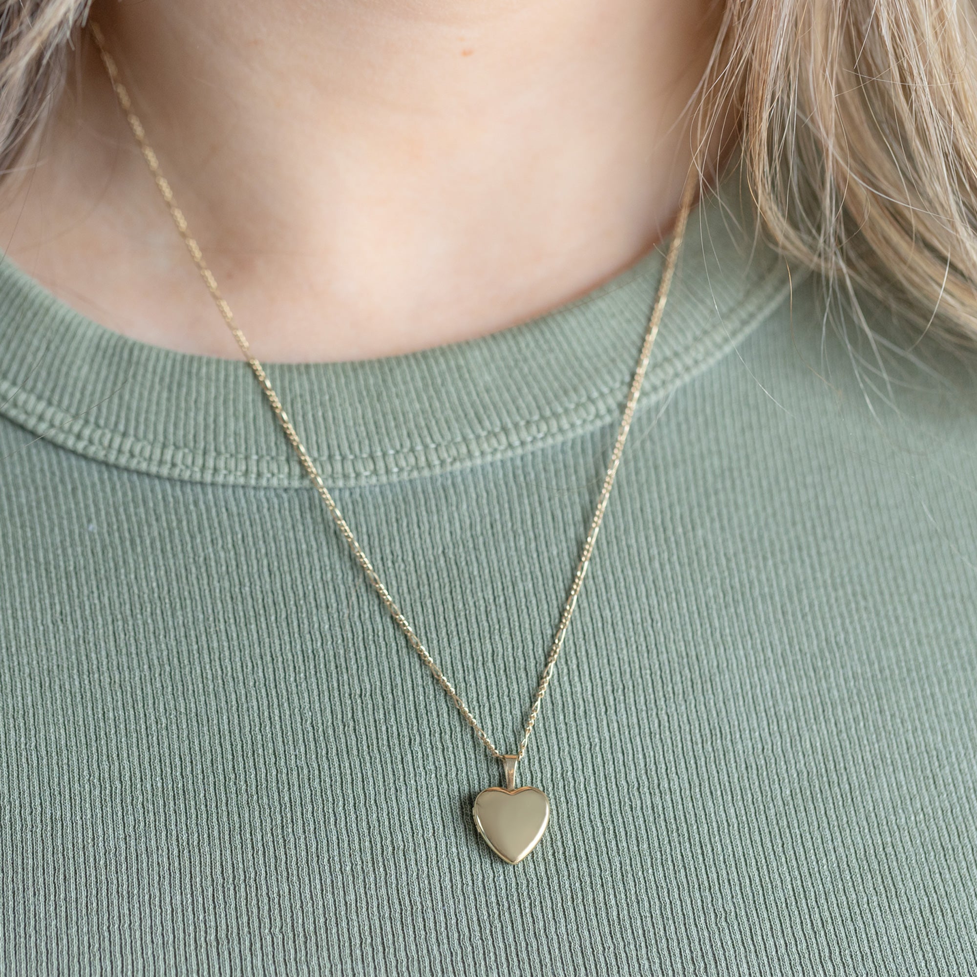 The Yellow Mini Sweetheart Locket Necklace in Yellow Gold on Model
