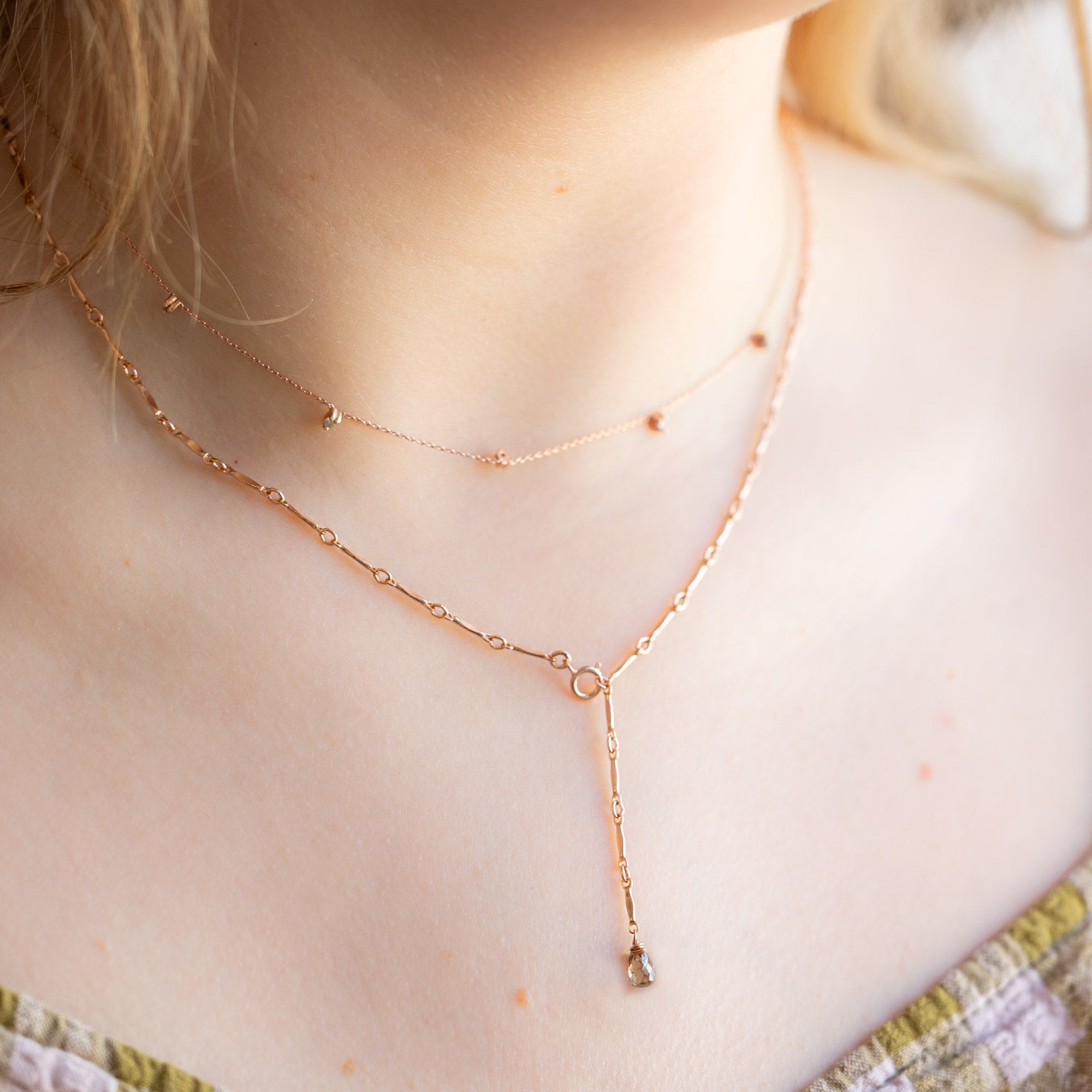 The Bar Chain Briolette Champagne Diamond Lariat Necklace | Yellow or Rose Gold