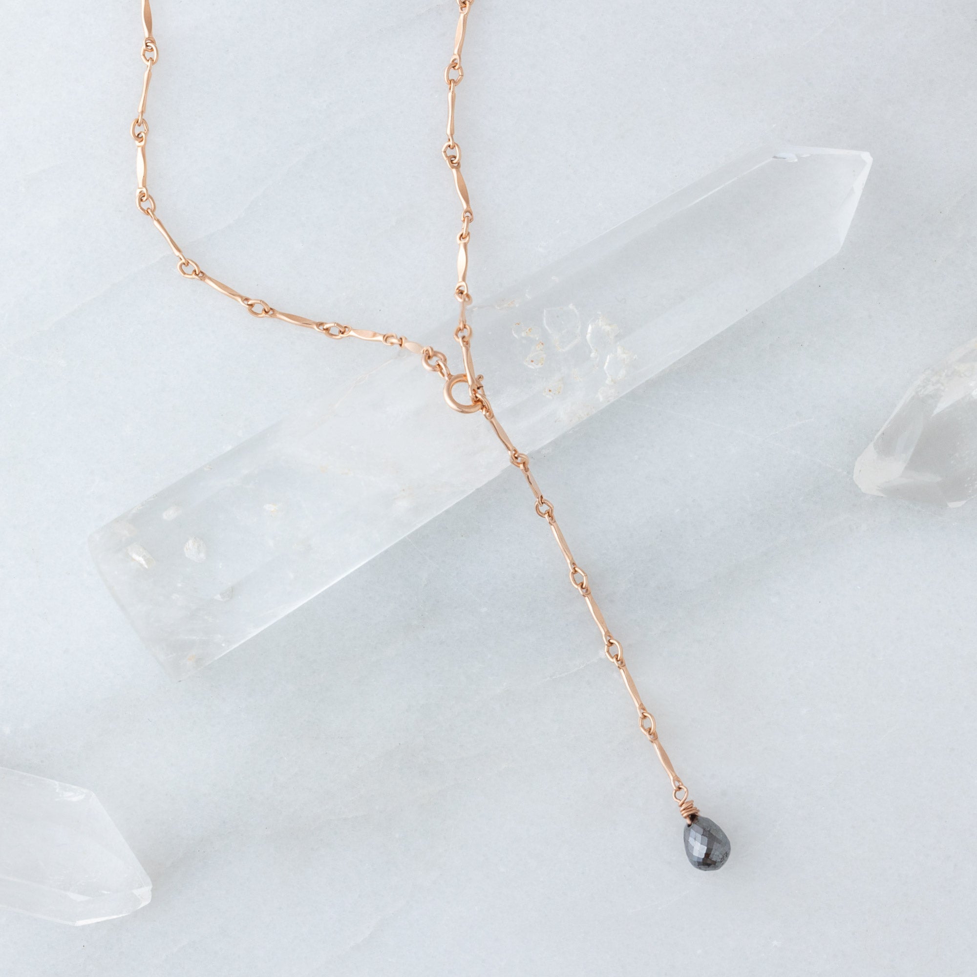 The Bar Chain Briolette Black Diamond Lariat Necklace | Yellow or Rose Gold
