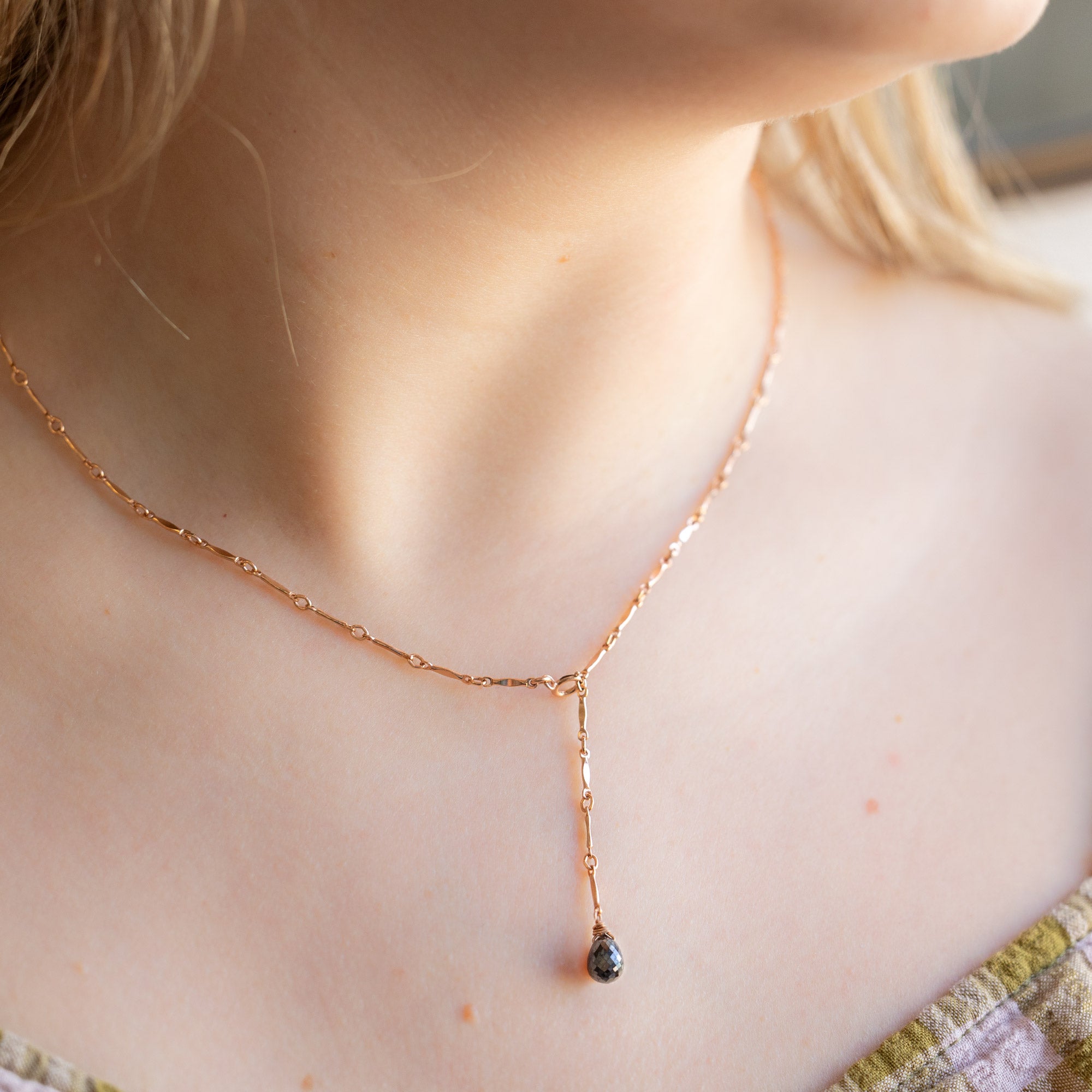 The Bar Chain Briolette Black Diamond Lariat Necklace | Yellow or Rose Gold